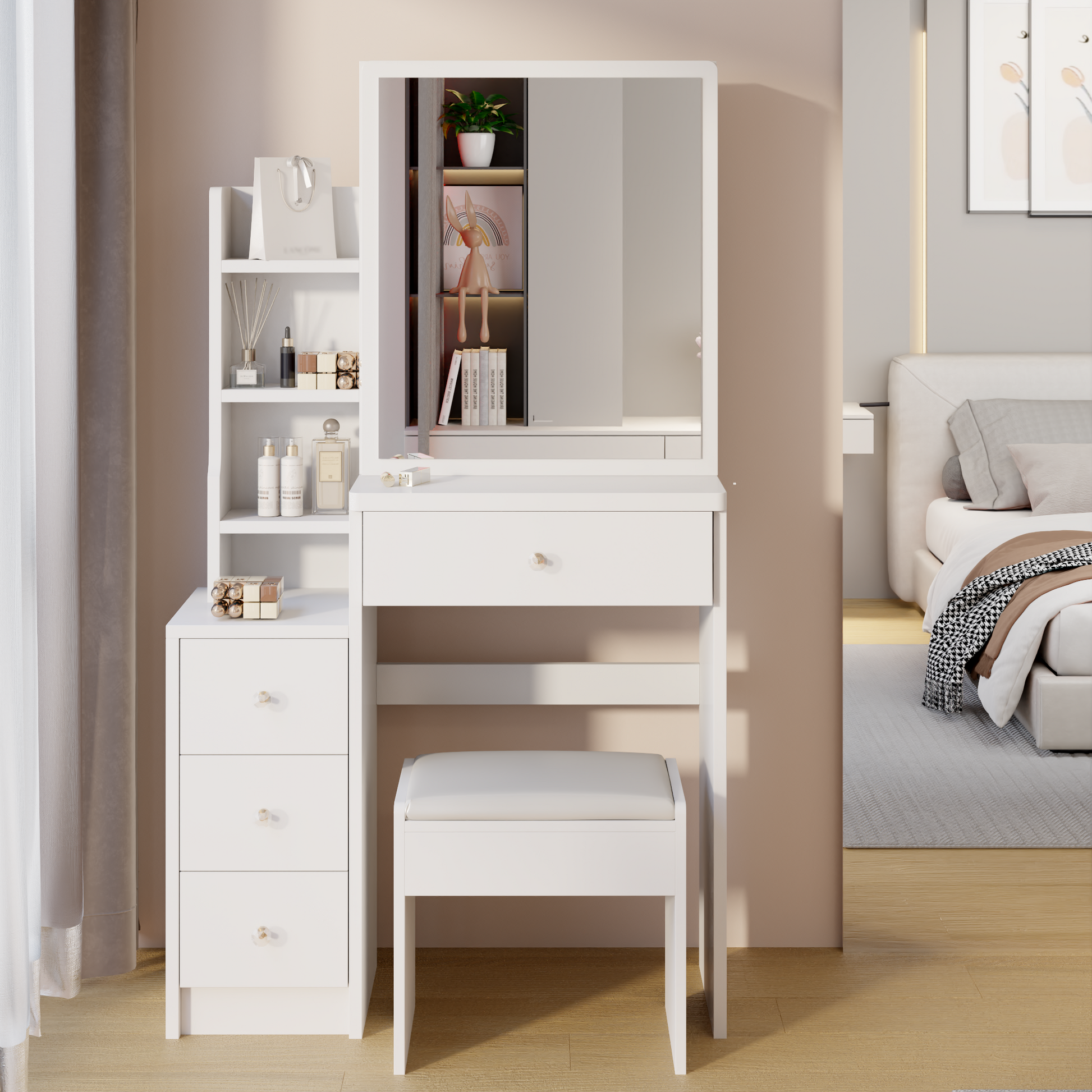 Small Space Left Bedside Cabinet Vanity Table Cushioned Stool, Extra Large Right Sliding Mirror, Multi Layer High Capacity Storage, Practical Fashionable Dresser, Suitable For Girls Up To 5.6Ft Tall