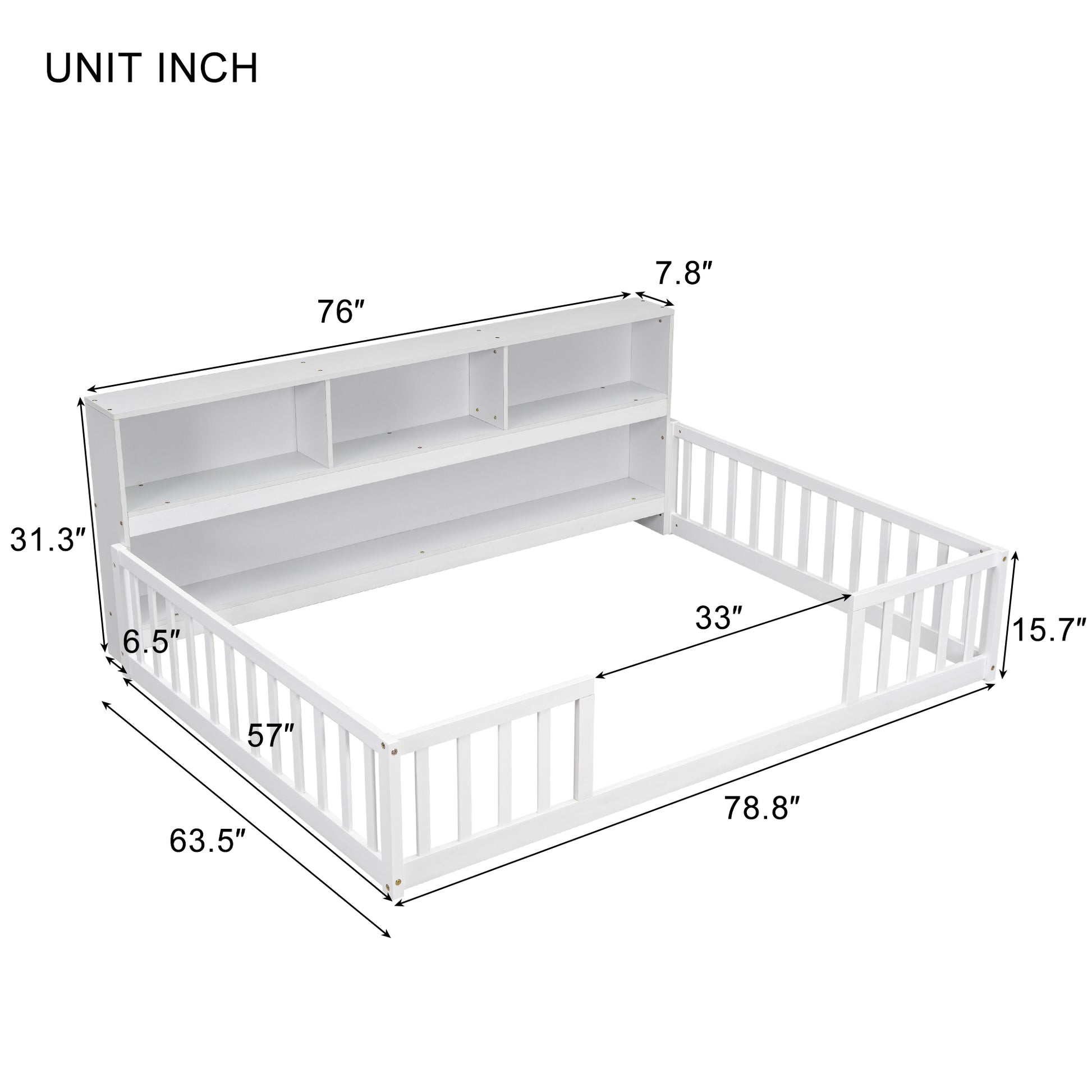 Full Floor Bed With Side Bookcase,Shelves,Guardrails,White Full White Bedroom American Design Pine