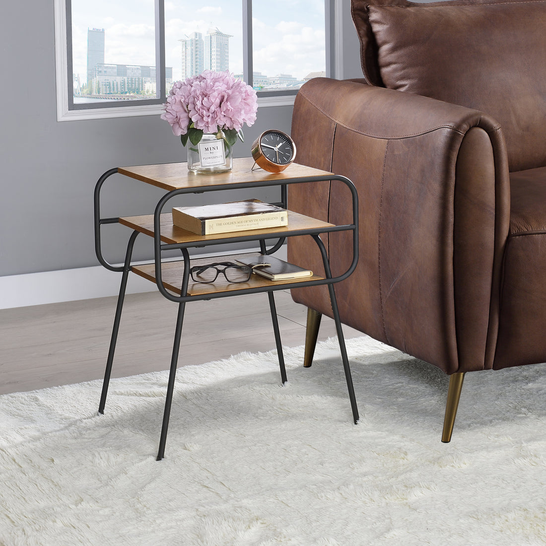 Oak And Black 2 Shelf Accent Table Black Brown Primary Living Space Modern Shelves Rectangular Wood Metal Sled