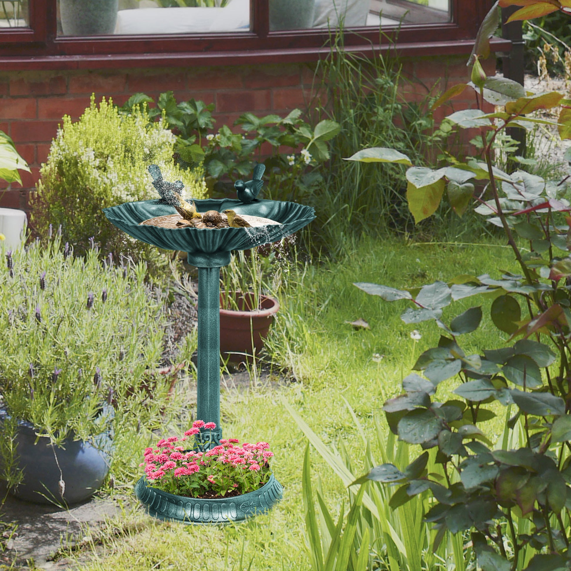 Outsunny 32" Antique Bird Bath With Pedestal Flower Planter Base, Vintage Style Decorative Birdbath, Bird Feeder Bowl & Planter Decoration Yard Statue, Verdigris Green Polypropylene