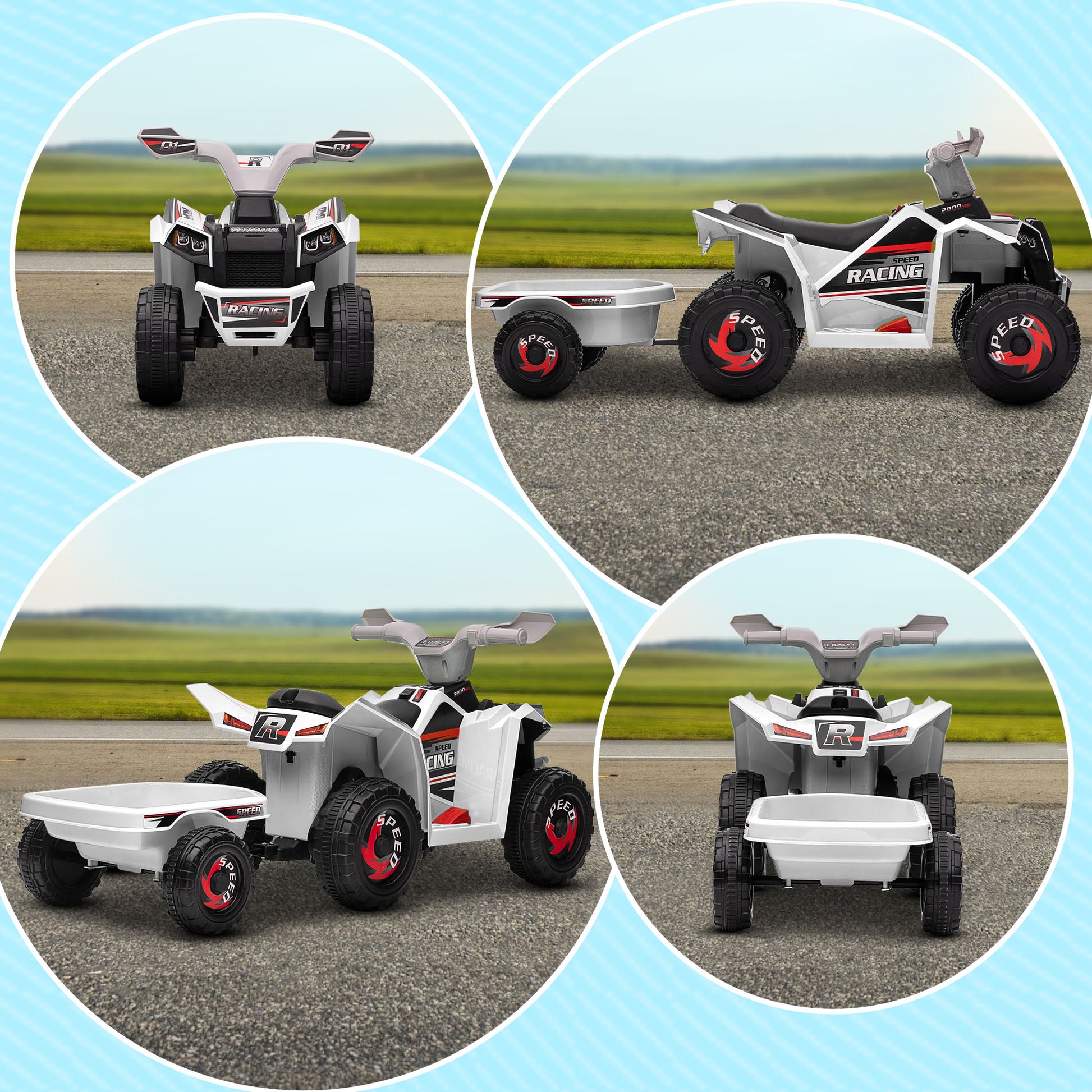 Aosom Kids Atv Quad Car With Back Trailer, 6V Electric Ride On Car With Forward Backward Function, Wear Resistant Wheels For Toddlers Ages 18 36 Months, White White Plastic