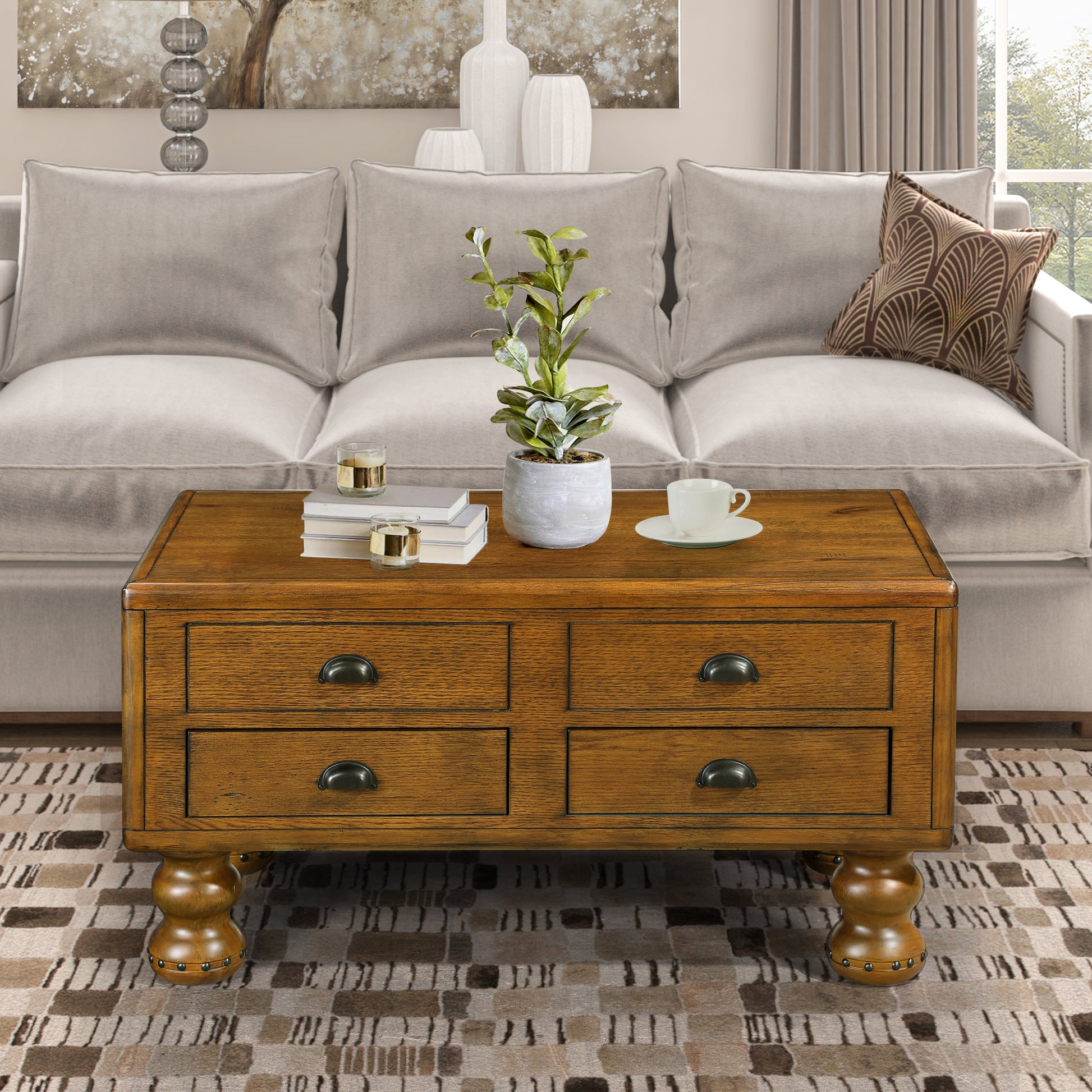 Rectangle Living Room Coffee Table Set, 3 Piece Solid Wood Living Room Table Set, 1 Coffee Table And 2 End Table, Wood Center Table Tea Table Set With Rivet Decoration Legs.Antique Brown Antique Brown Pine