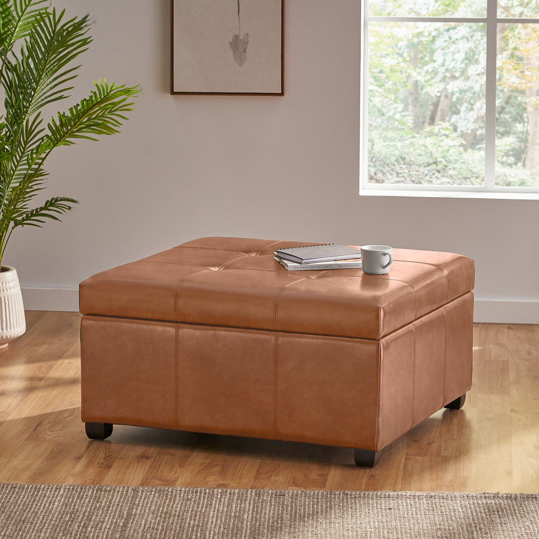 Carlsbad Pu Storage Ottoman Tan Wood Pu