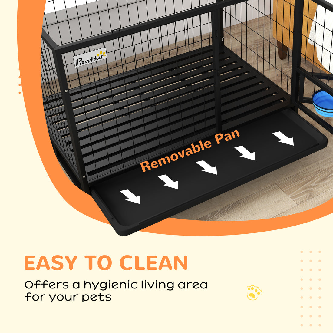 Pawhut 43" Heavy Duty Dog Crate With Bowl Holder, Strong Steel Dog Crate With Wheels, Detachable Door, Openable Top And Removable Tray For Large And Extra Large Dogs, Black Black Steel