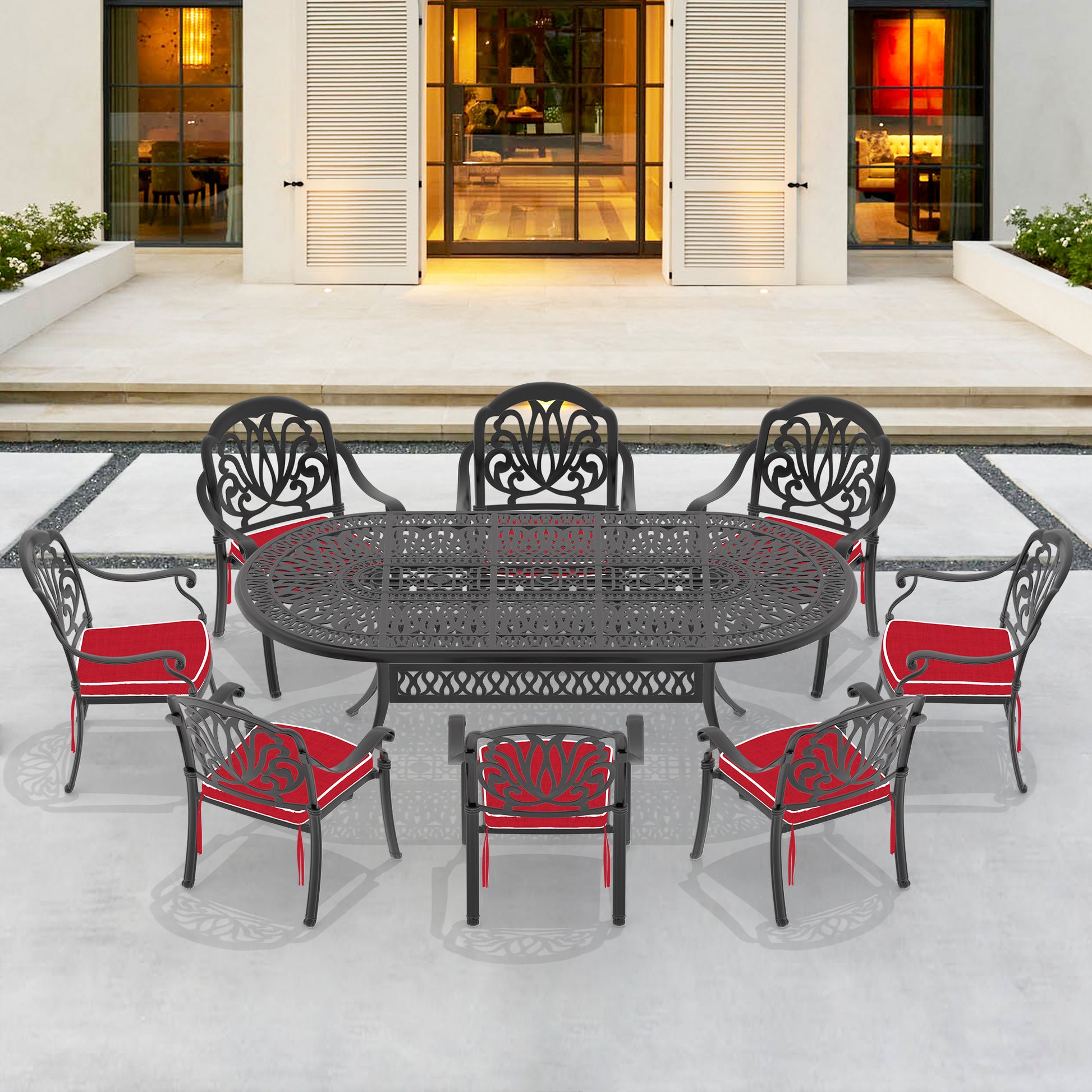 Cushions In Random Colors 9 Piece Set Of Cast Aluminum Patio Furniture With Cushions Yes Dining Set Black Seats 8 Rust Resistant Frame Water Resistant Cushion Garden & Outdoor Complete Patio Sets Aluminium