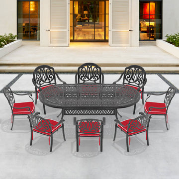 Cushions In Random Colors 9 Piece Set Of Cast Aluminum Patio Furniture With Cushions Yes Dining Set Black Seats 8 Rust Resistant Frame Water Resistant Cushion Garden & Outdoor Complete Patio Sets Aluminium