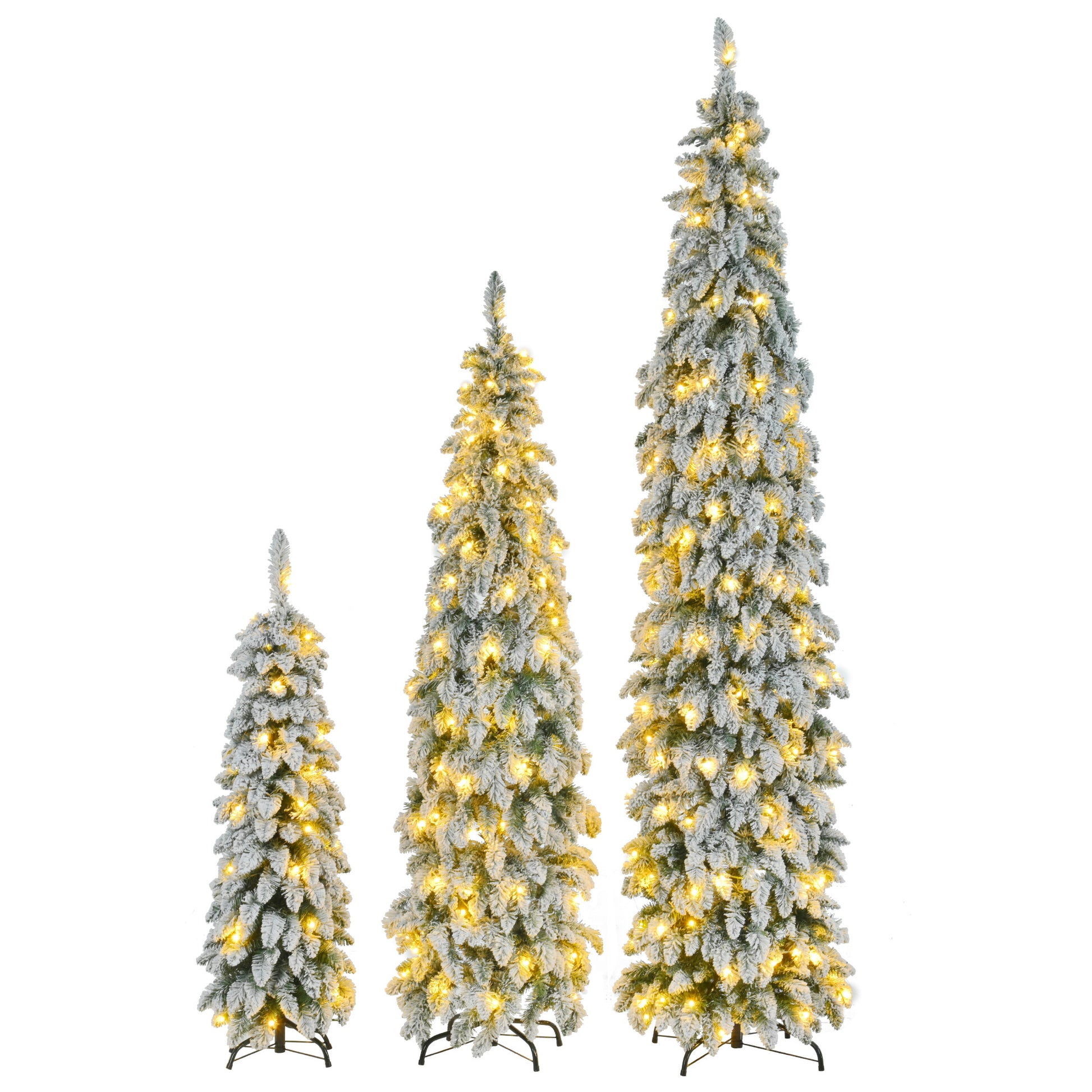 8Ft, 6Ft, 4Ft Pre Lit Pencil Christmas Trees, 3 Set Slim Artificial Christmas Tree With Snow Flocking, Xmas Holiday Decoration Tree, 1455 Branch Tips, 520 Led Lights, 11 Lighting Modes White Green Pvc