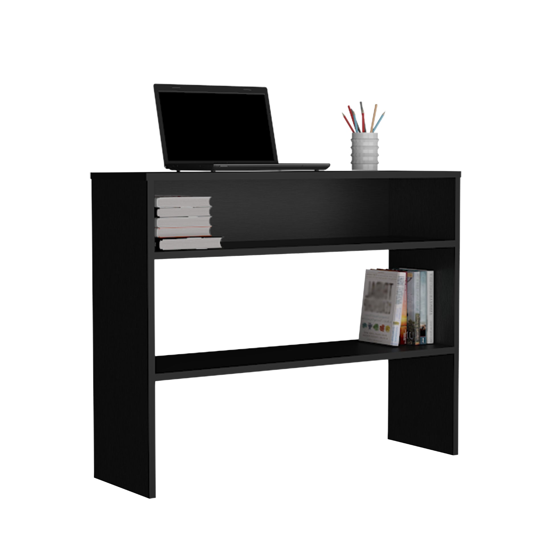 Being 39" Wide 2 Tier Shelf Narrow Console Table, Entryway Table Black Computer Desk Office Modern Freestanding Rectangular Open Storage Computer Tables Rectangular Particle Board