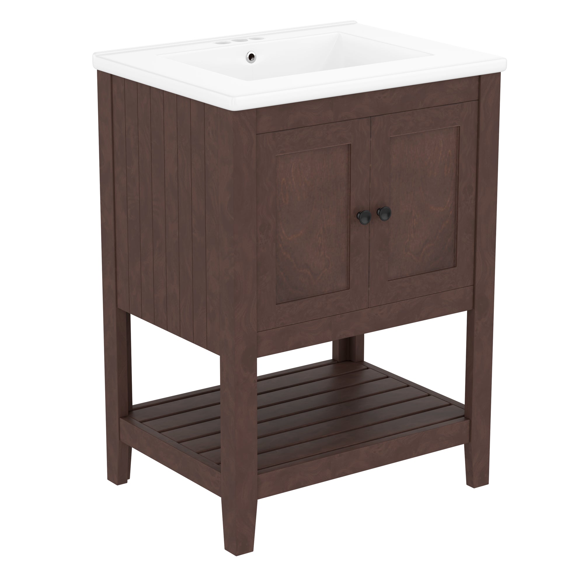 Video 24" Brown Modern Sleek Bathroom Vanity Elegant Ceramic Sink With Solid Wood Frame Open Style Shelf Brown Solid Wood Mdf