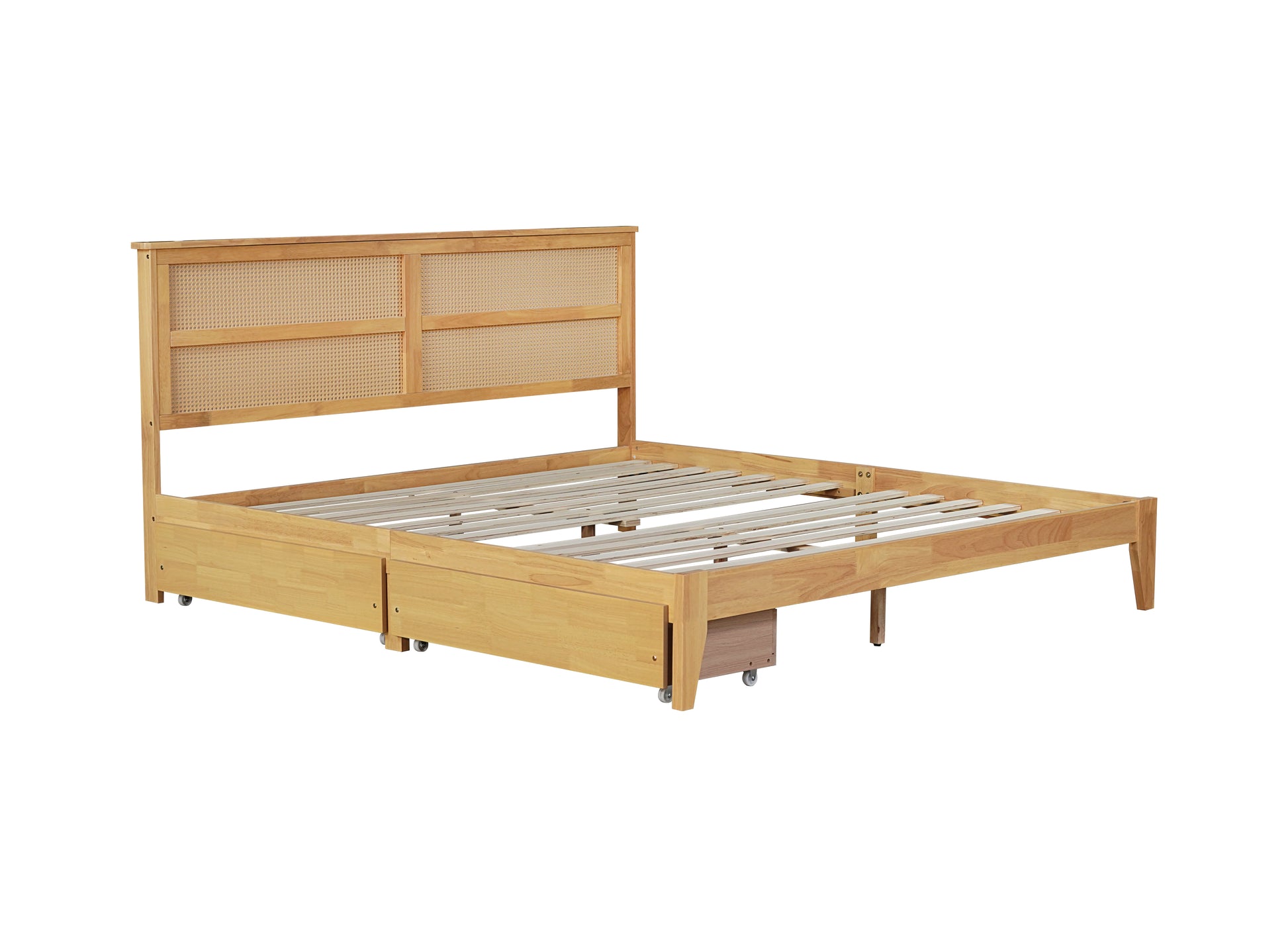 King Size Bed With Rattan Headboard, Two Storage Drawers, Rubber Wood Bed With Enhanced Support Salts And Feet,White Oak King White Oak Rubber Wood