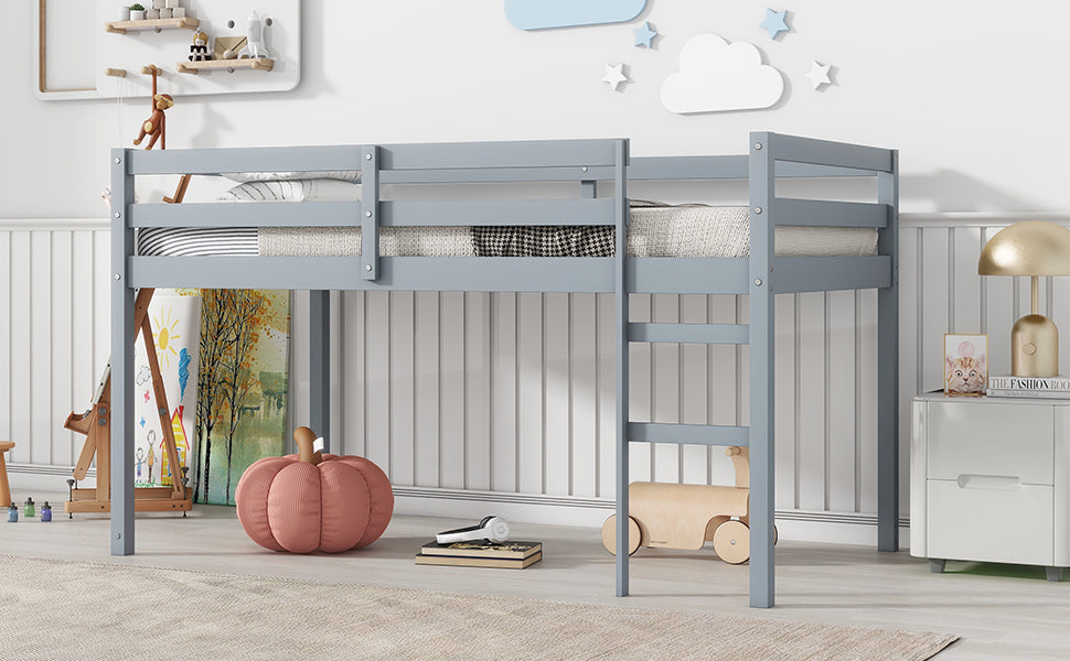 Solid Wooden, Rubber Wooden Twin Loft Bed With Ladder, Bed Platform Of Strengthened Slatsgrey Twin Grey Rubber Wood