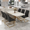 Table And Chair Set.Modern Luxurious Tempered Glass Dining Table Set With 6 Gold Metal Legs And Pu Chairs.White Marble Patterned Sticker Tabletop,Black Chairs With Gold Metal Legs. Black Gold Seats