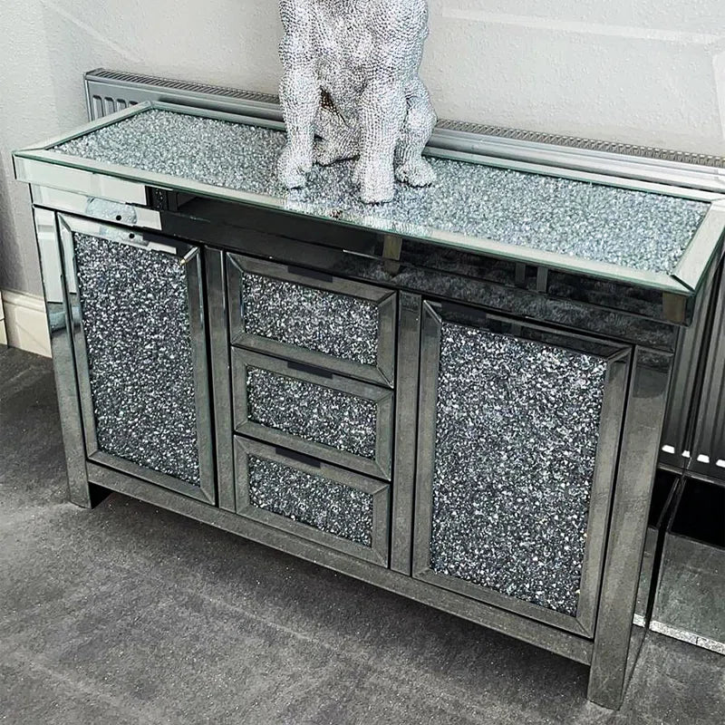 57" Wide 3 Drawer Mirrored Glass Sideboard Silver Kitchen Luxury,Modern Cabinets Included Mdf Glass,Mirror