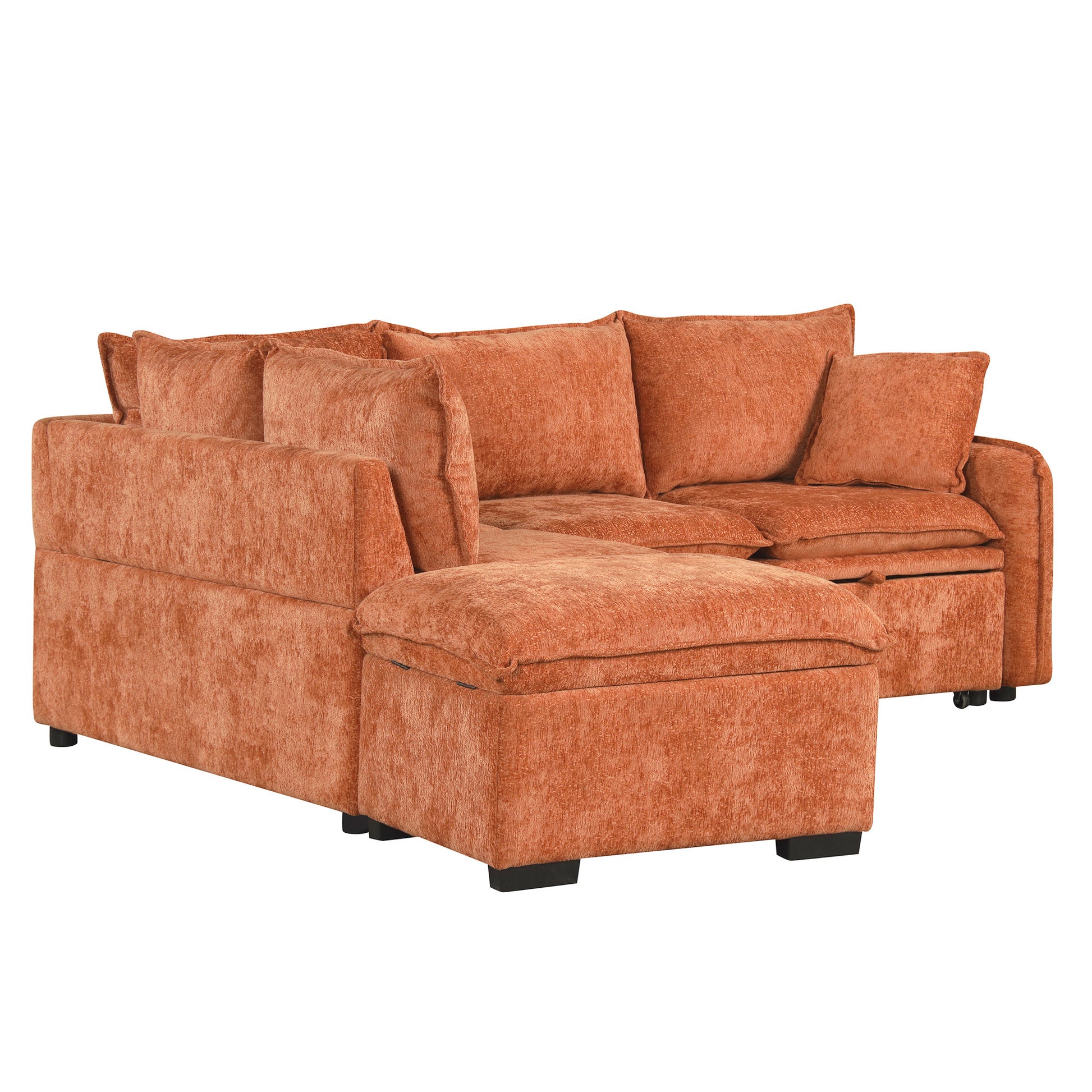 82.67"Convertible Sofa Bed Sectional Sofa Sleeper L Shaped Sofa With A Storage Ottoman,Two Pillows, Two Power Sockets And Two Usb Ports For Living Room, Orange Orange Foam Chenille 4 Seat