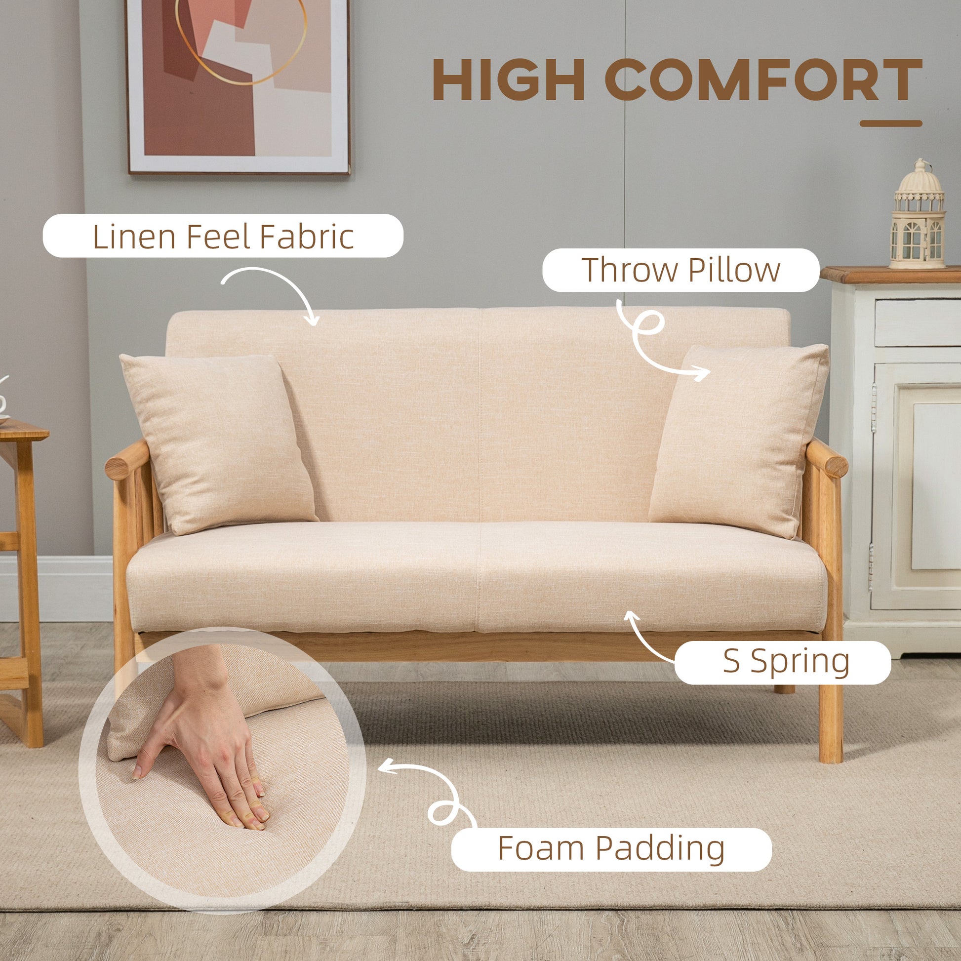 Homcom 48" 2 Seater Couch For Small Spaces, Modern Loveseat Sofa For Bedroom, Living Room Furniture, Upholstered Small Couch With Throw Pillow And Wood Legs, Beige Beige Polyester