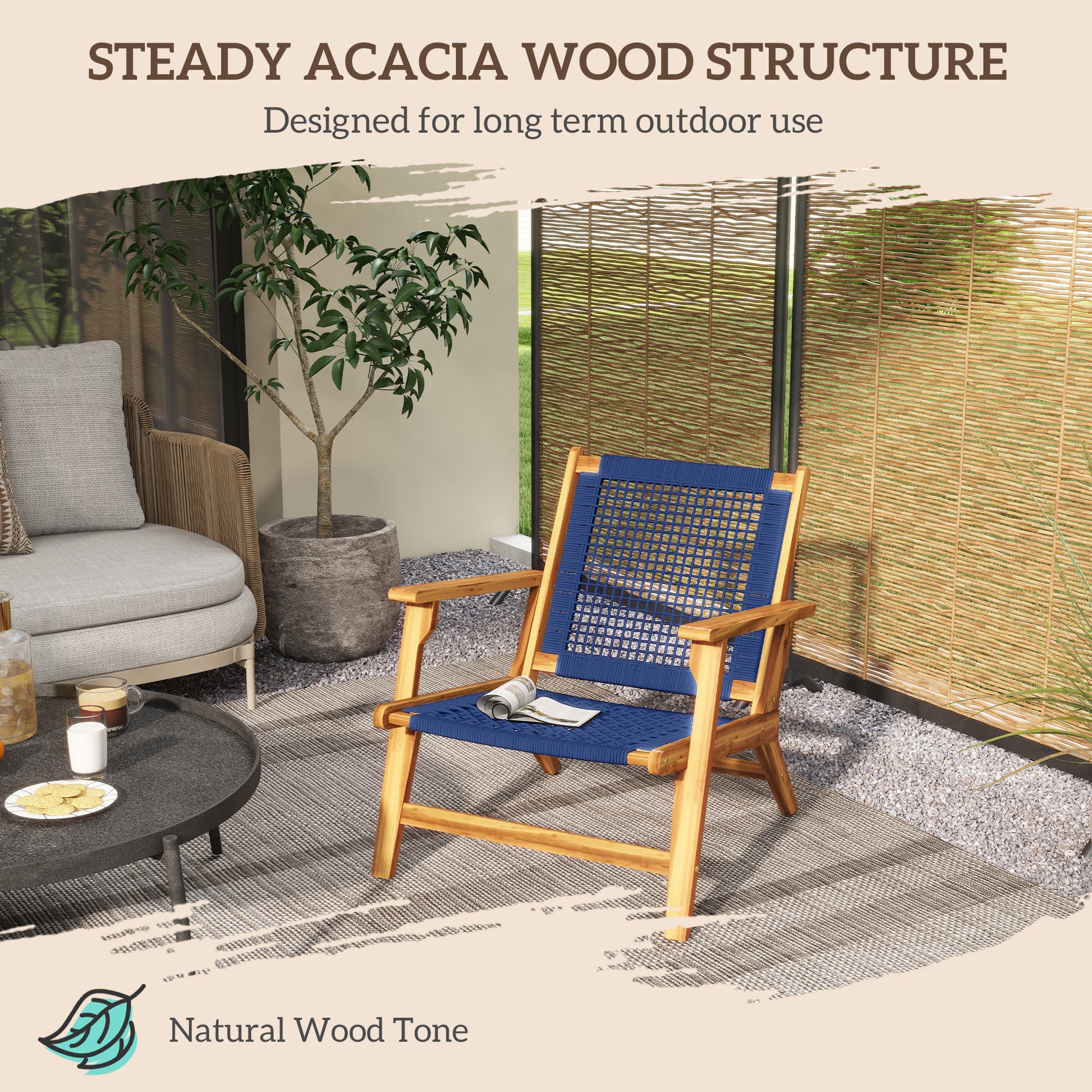 Outsunny Patio Acacia Wood Adirondack Chair, Modern Wood Fire Pit Chair With Pp Rope Weave, Coconino Lounge Chair With High Backrest Support, Dark Blue Blue Wood