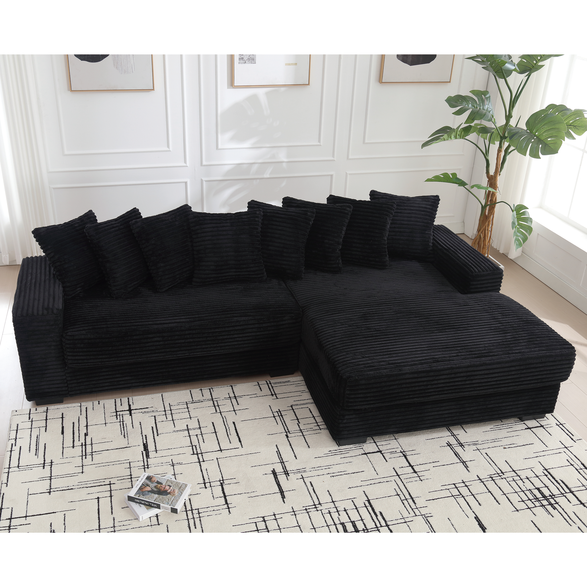 Arrived Oversized Two Piece Couches, L Shaped Sofa, Corduroy, Right Chaise Daybed,With Armrests,Eight Throw Pillows,Corner Sofa,Easy To Assemble, Black Black Polyester Wood Primary Living Space