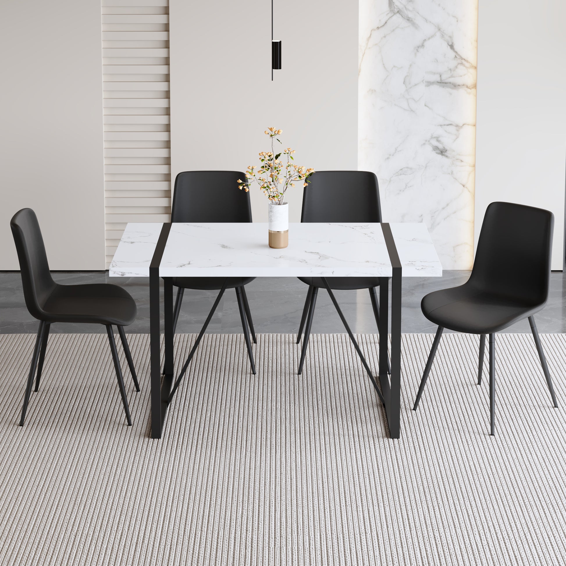 Table And Chair Set.A Modern Minimalist White Marble Veined Mdf Dining Table With Metal Frame.Paried With 4 Chairs With Pu Cushions And Black Metal Legs. Black,White Seats 4 Mdf Metal