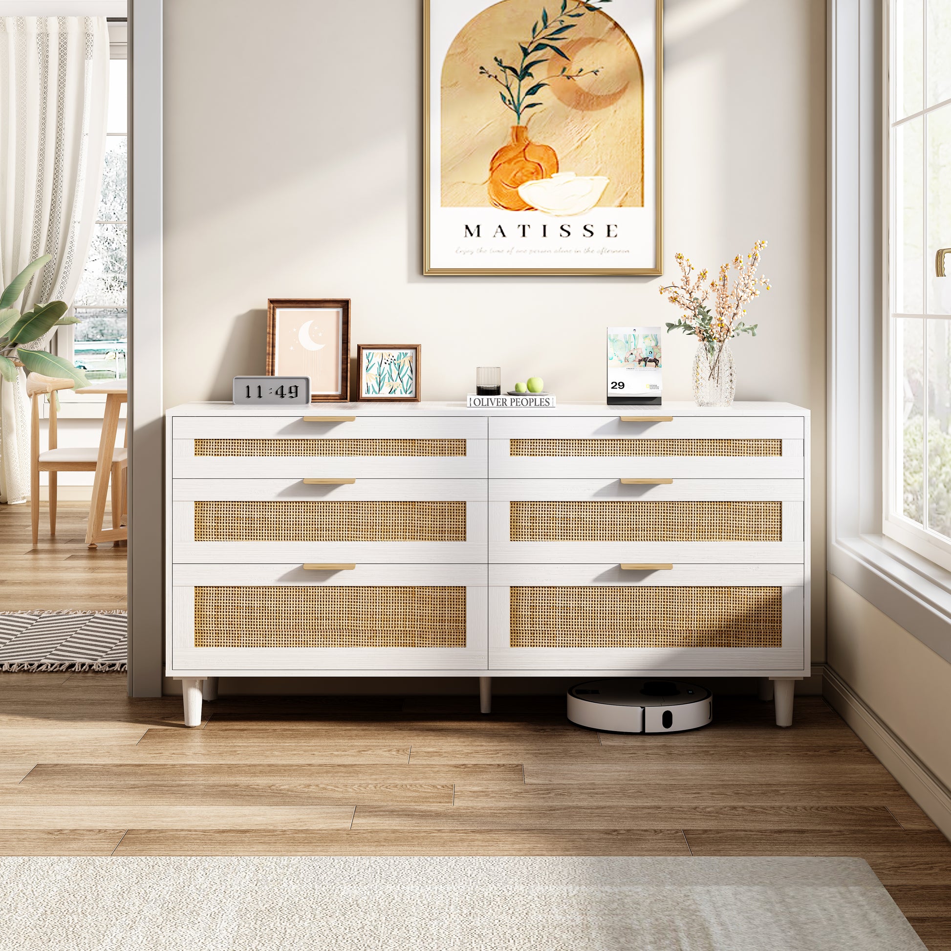 59" Rattan Dresser With Drawers, 6 Drawer Dresser For Bedroom, Clothes Storage Cabinet For Bedroom, Metal Handle&Wood Legs For Hallway, Living Room, Bedroom,White White Mdf Metal