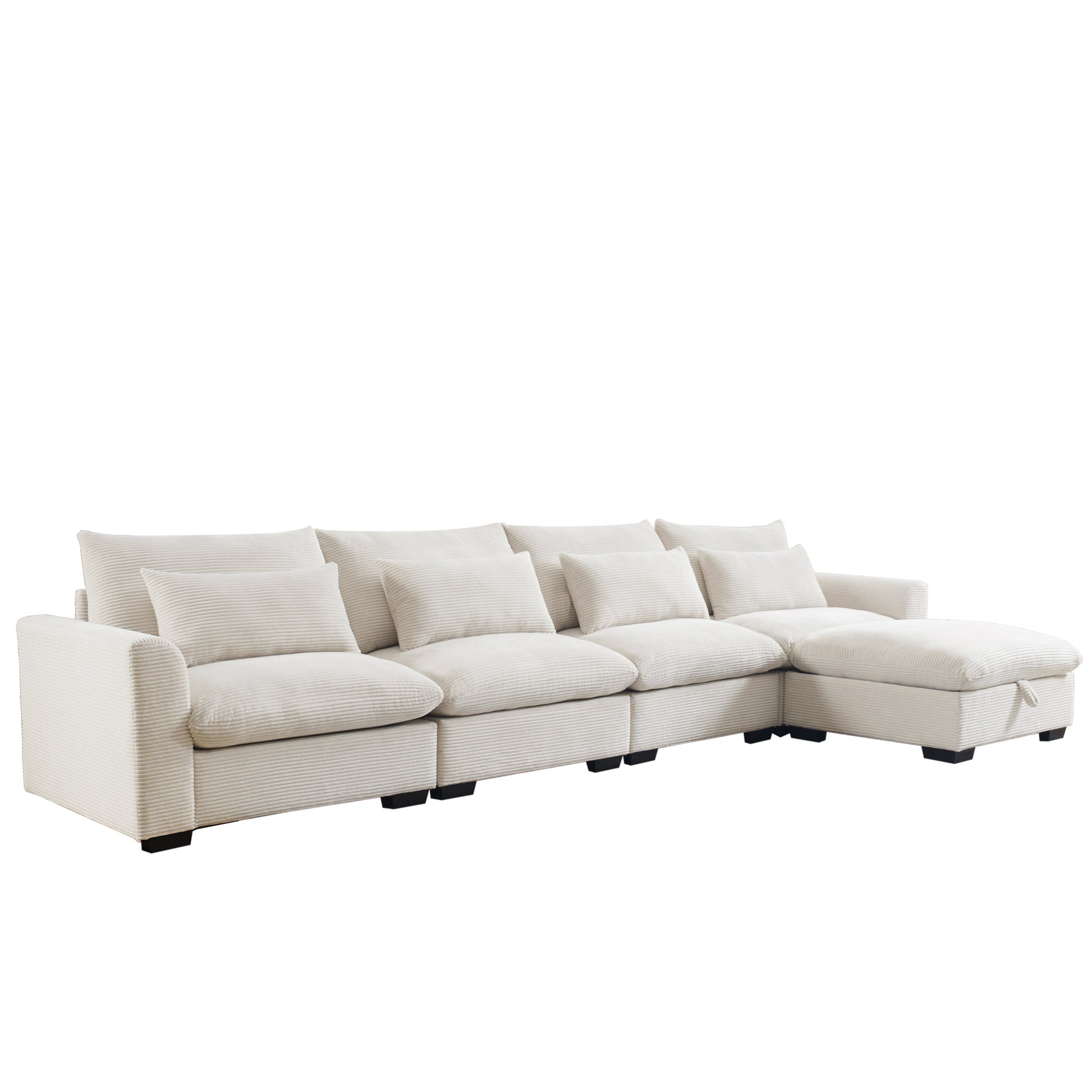 Large L Shape Sectional Corduroy Sofa,Deep Seat Couch With Storage Footstool And 4 Waist Pillows,Beige Beige Corduroy 4 Seat