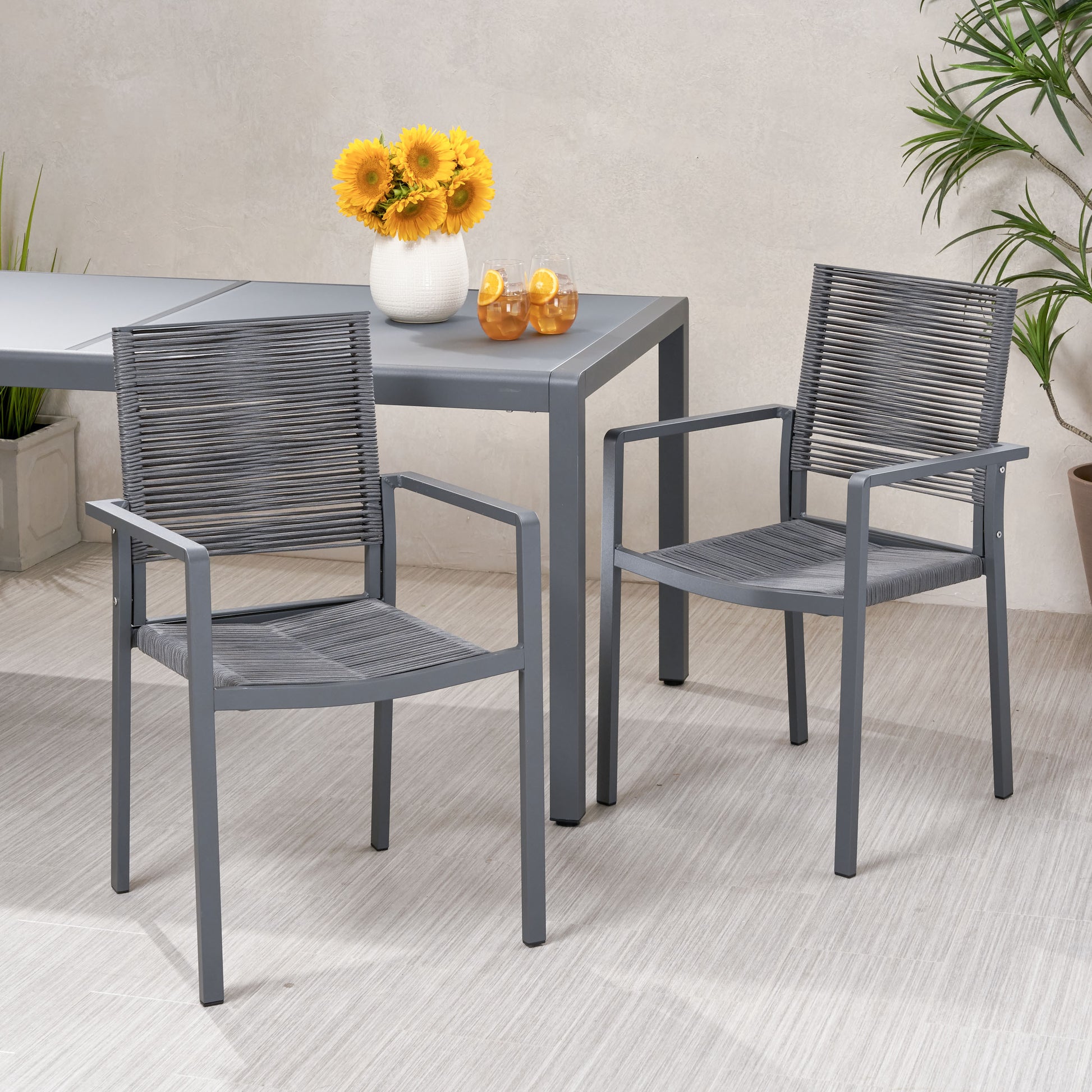 Outdoor Modern Aluminum Dining Chair With Rope Seat Set Of 2 , Gray And Dark Gray Dark Grey Aluminium