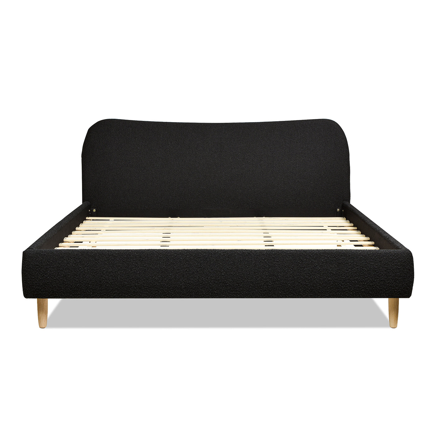 Roman Curved Headboard Upholstered Platform Bed, King, Ebony Black Boucle Box Spring Not Required King Black Wood Foam Boucle Boucle