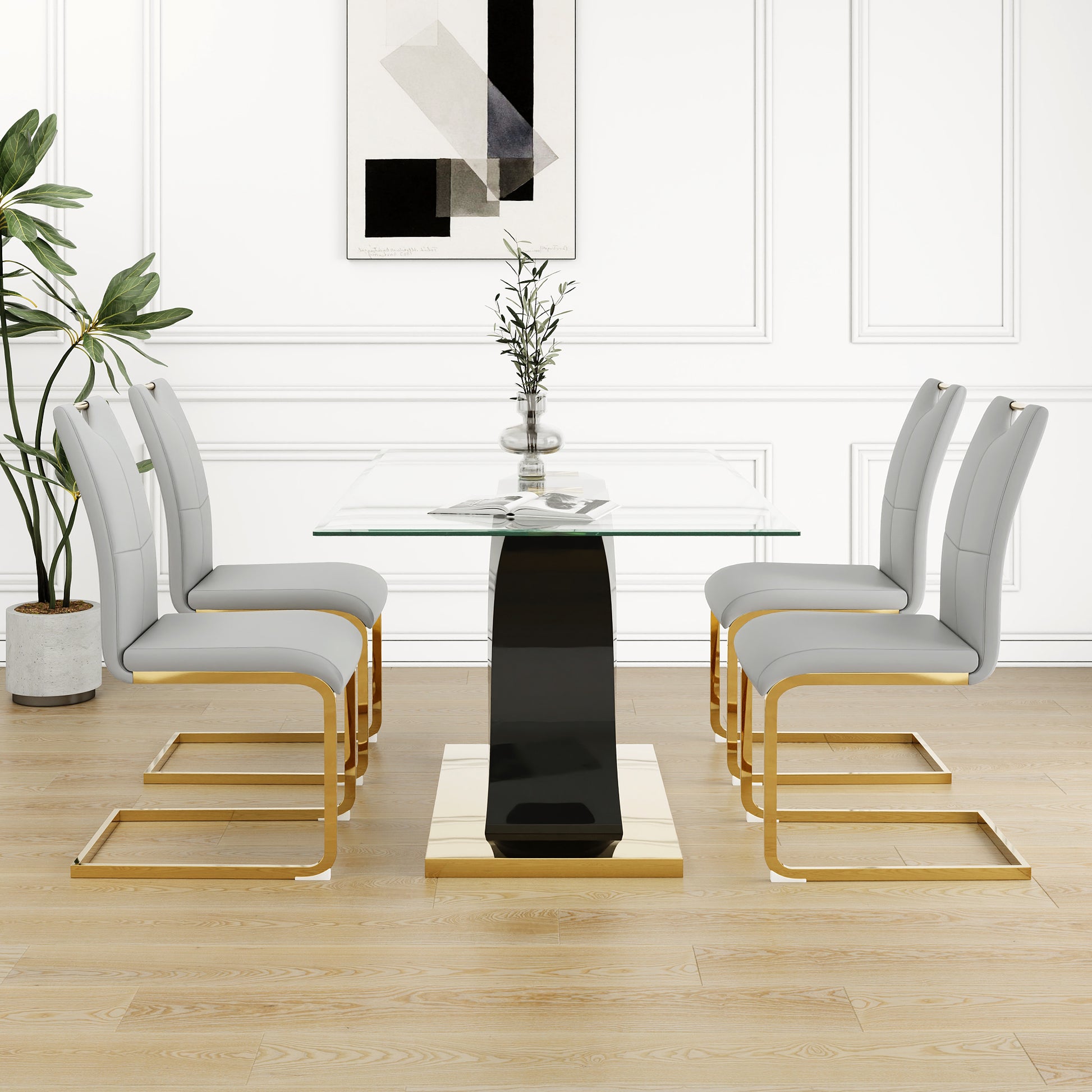 Modern Style Glass Dining Table, Elegant Transparent Design, Solid Support Base, Grey Dining Chair Set, Gold Plated Chair Legs, Suitable For Restaurant Kitchen Use Set Of 5 Grey Gold Seats 4 Mdf Glass