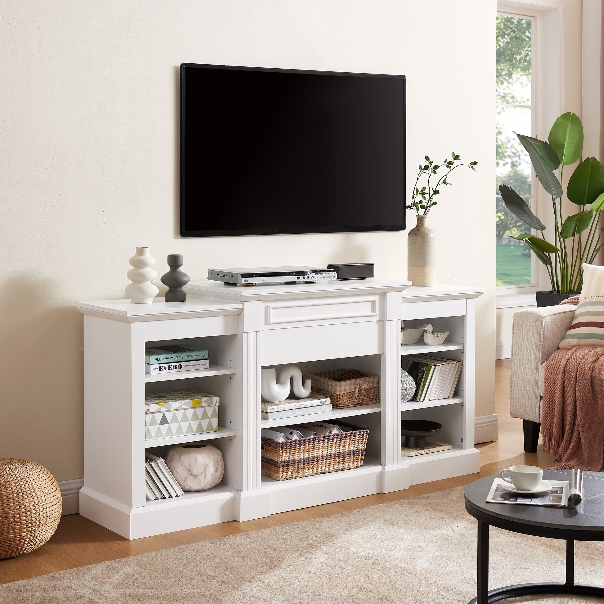 Media Console Table With Large Storage Cabinet, Modern Tv Media Entertaionment Stand, White, 65.75"W*17"D*32.48"H White 39 Inches Or Less Mdf