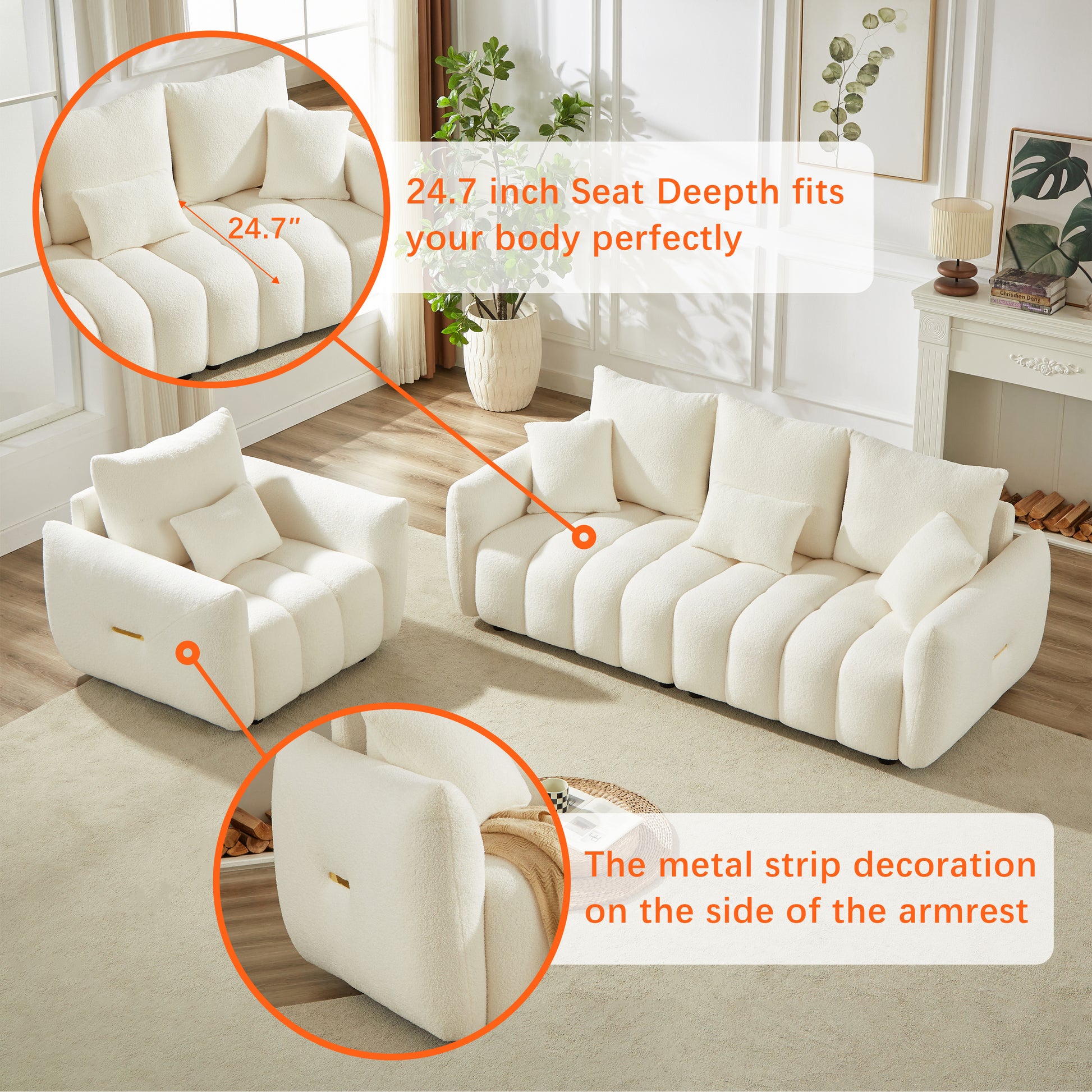 Video Mh 82" Premium Teddy Fabric Sofa With 3 Back Pillows And 3 Back Cushions Solid Wood Frame 3 Seater Sofa, Oversized Upholstered Chair For Living Room, Bedroom, Apartment And Office Beige Wood Primary Living Space Foam Wood 3 Seat