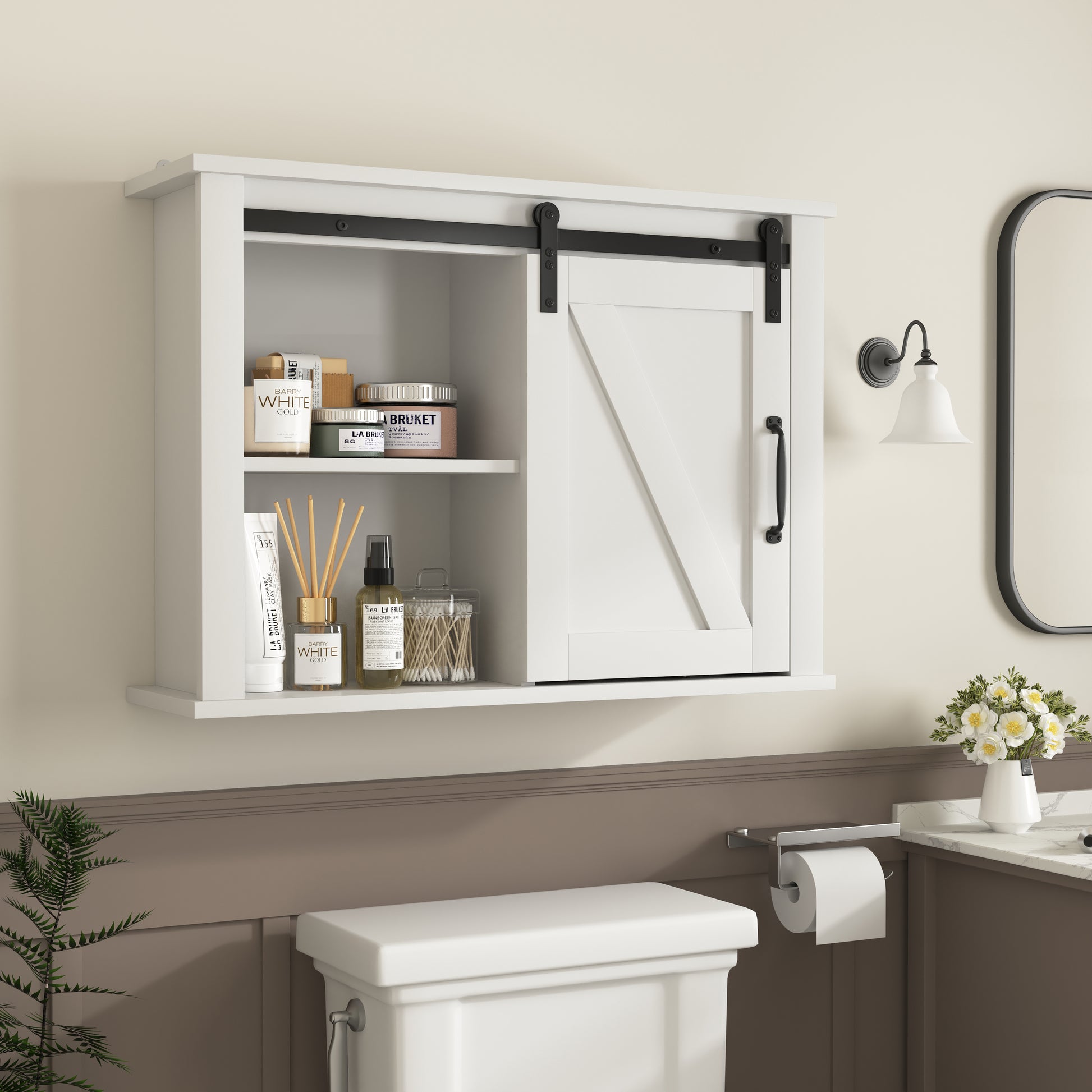 Bathroom Wall Cabinet With 2 Adjustable Shelves Wooden Storage Cabinet With A Barn Door 27.16X7.8X19.68 Inch White Mdf