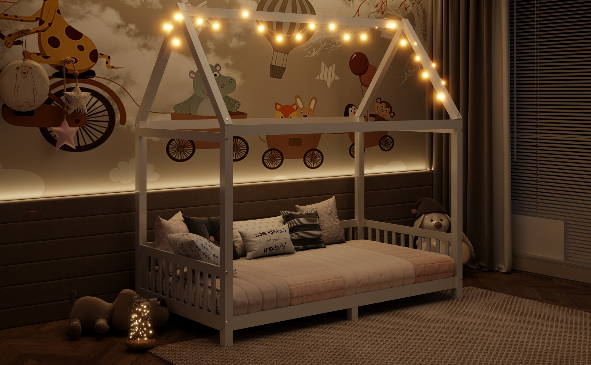 Wood Twin Size House Bed With Guardrail And Led, White Box Spring Not Required Twin White Wood Bedroom Solid Wood Mdf