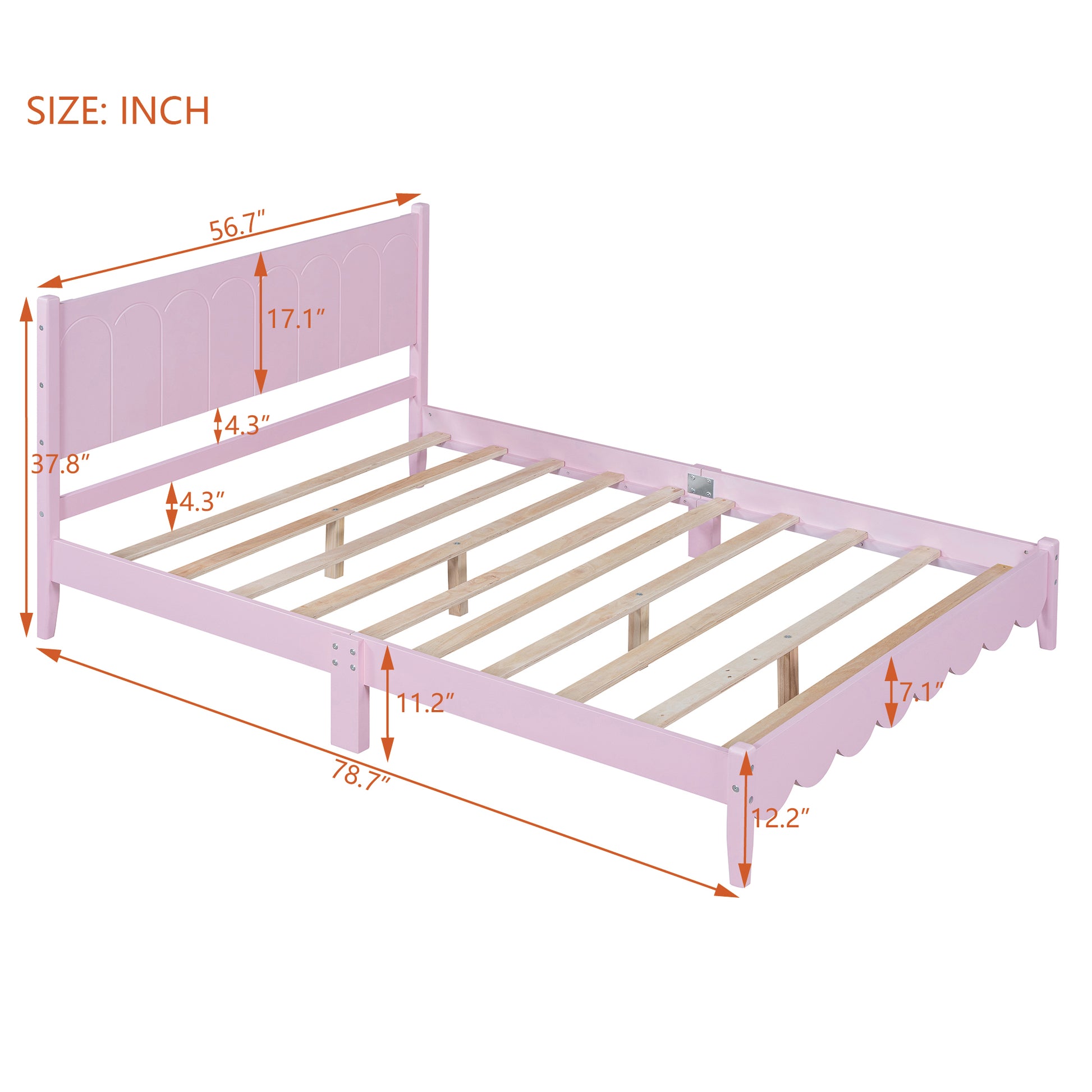 Full Size Wood Platform Bed Frame, Retro Style Bed With Rectangular Headboard,No Need Box Spring,Pink Full Pink Wood