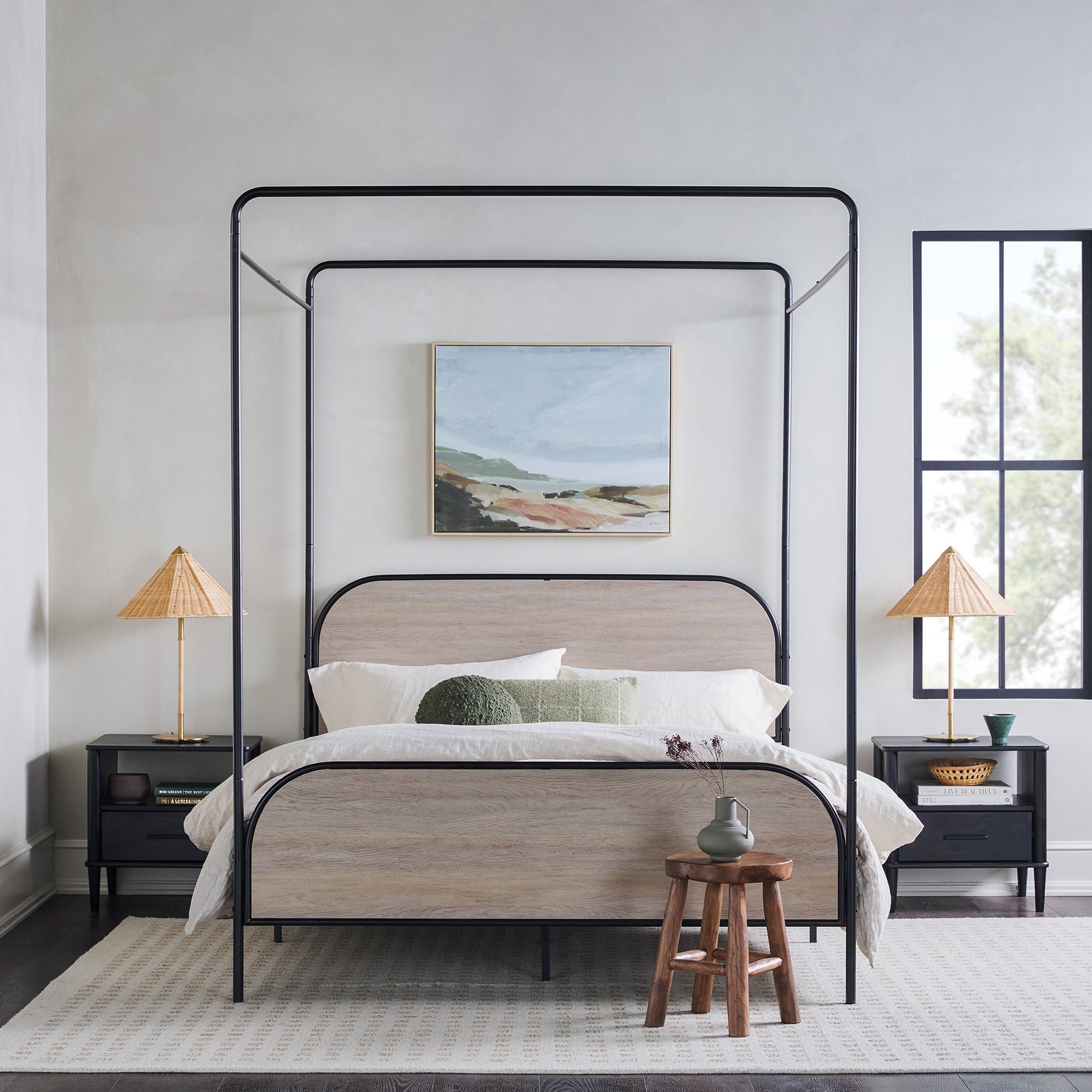 Modern Metal And Wood Canopy Queen Bedframe Smoked Oak Queen Brown Mdf Steel