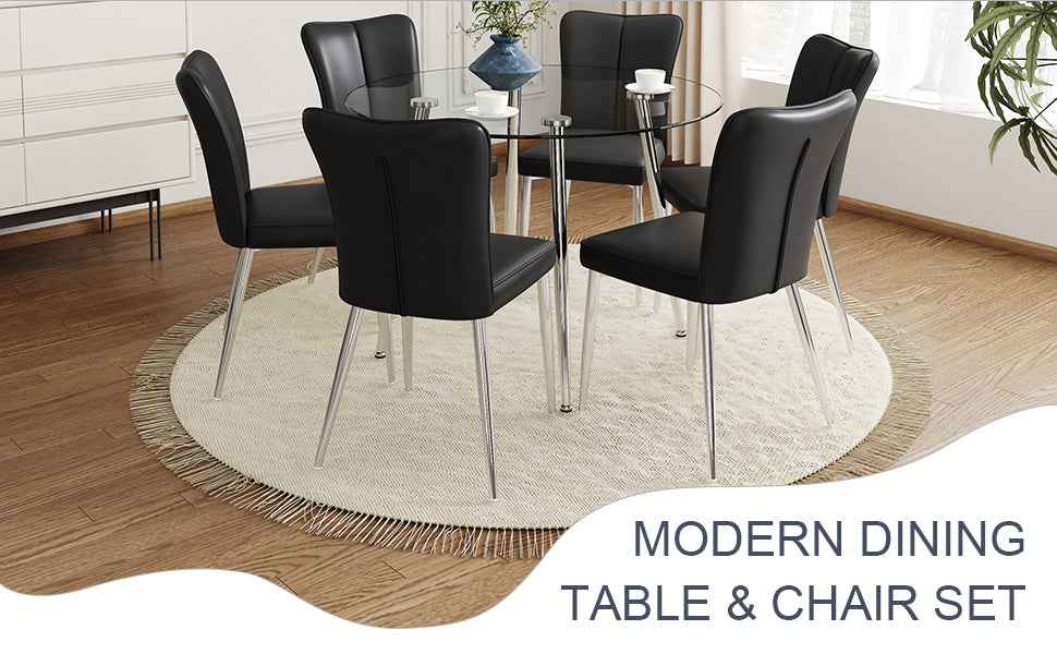 Table And Chair Set.A Modern Minimalist Round Dining Table With Transparent Tempered Glass Top And Silver Metal Legs,Paried With 6 Chairs With Pu Backrest And Seat Cushion And Silver Metal Legs. Black,Transparent Seats 6 Glass Metal