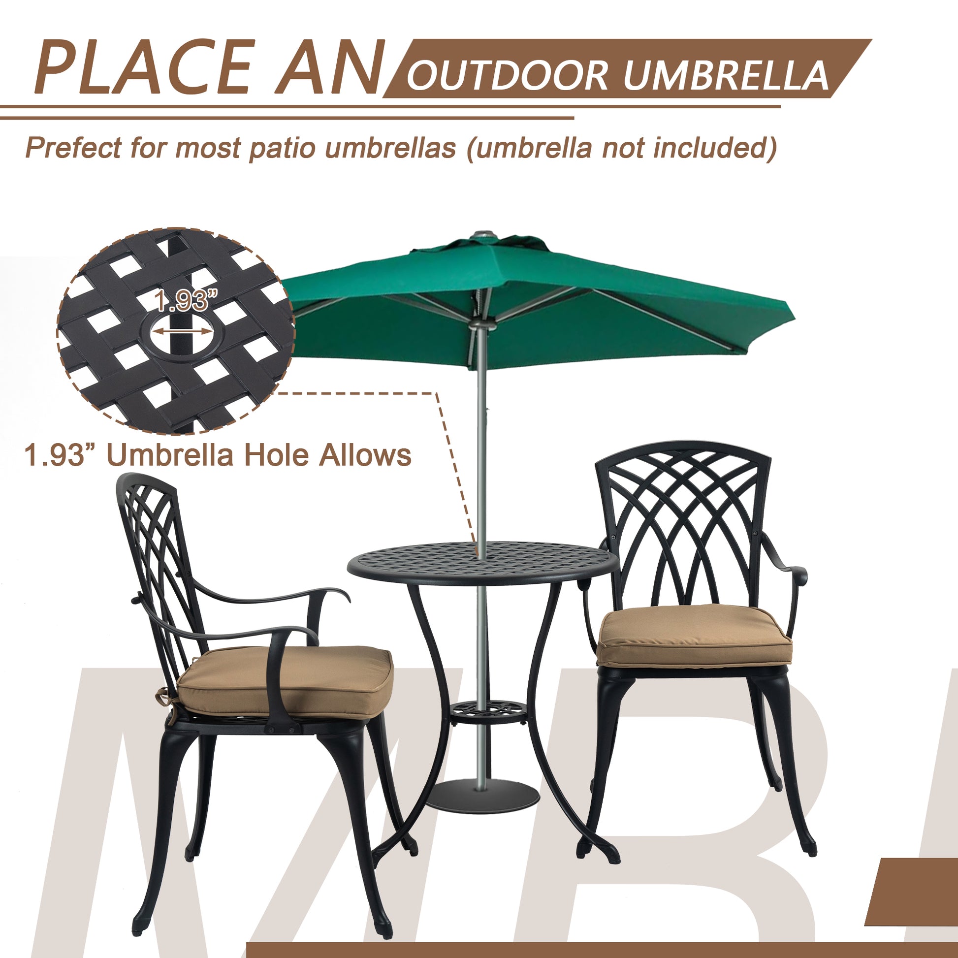 3 Piece Bistro Table Set Cast Aluminum Outdoor Patio Furniture With Umbrella Hole And Grey Cushions For Patio Balcony, Black Black Aluminium