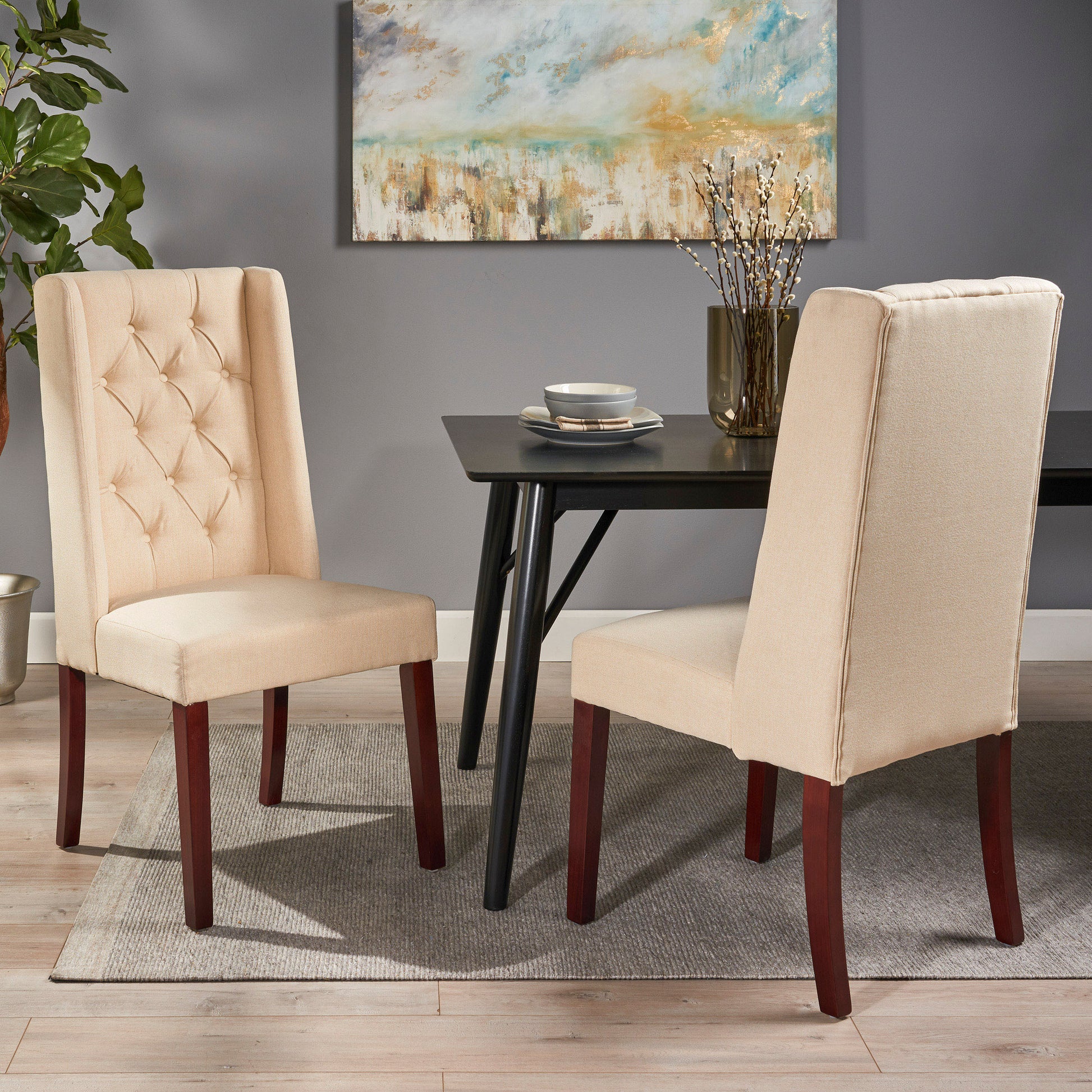 Dining Chair Beige Wood Fabric