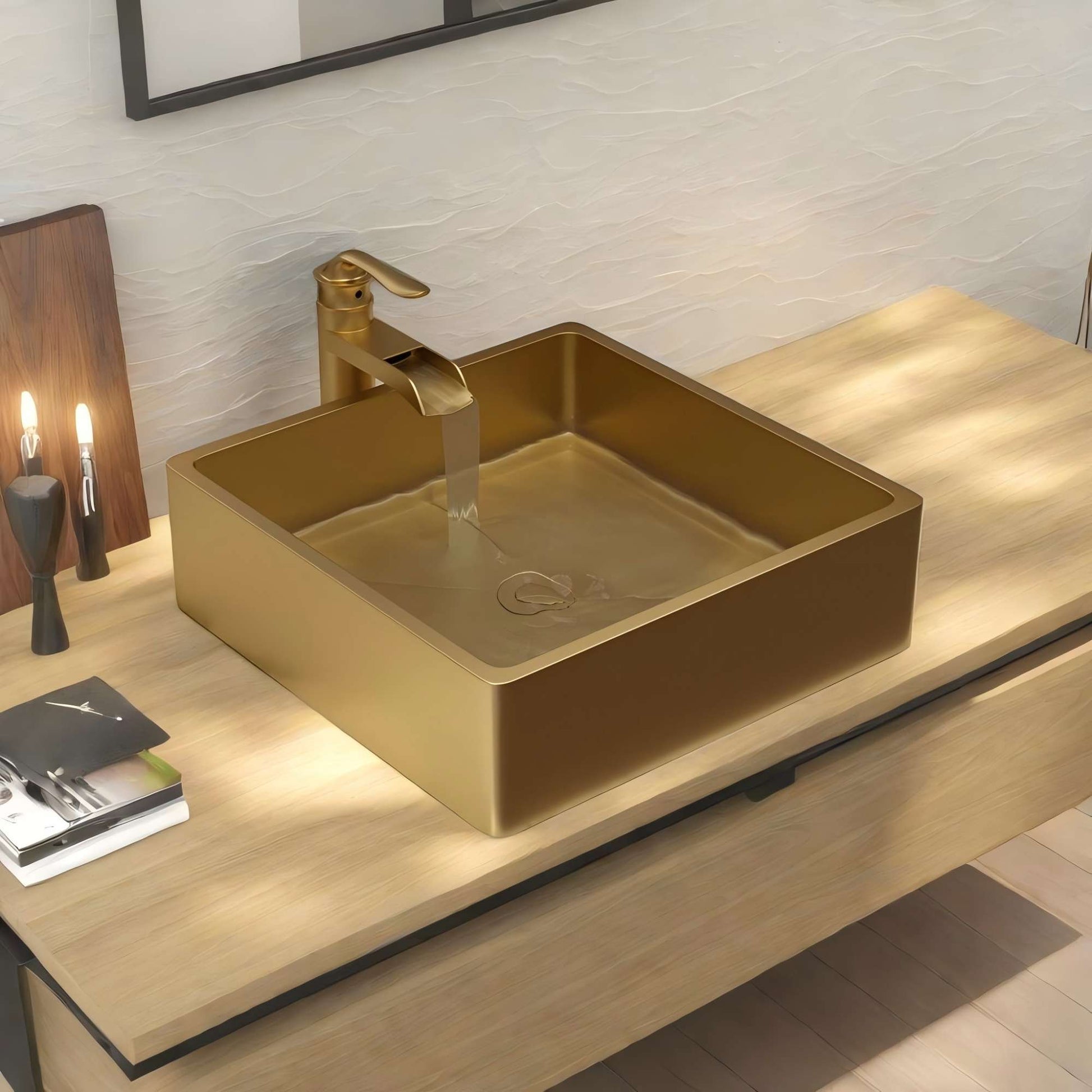 15"X15" Gold Stainless Steel Bathroom Sink With Pop Up Drain Gold Stainless Steel