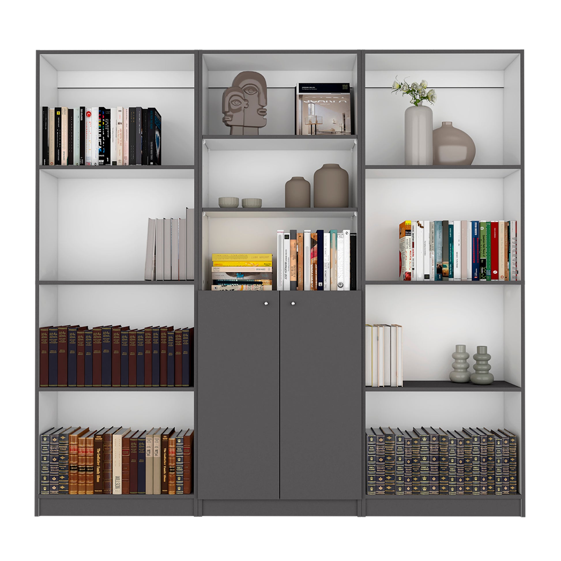 Duette 3 Piece Home Bookcase Set, 74" Wide With 11 Shelves And 2 Door Cabinetliving Room Set Matt Gray White Freestanding 5 Or More Shelves Multicolor,White Gray Office Open Storage Space Modern Particle Board