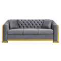 Velvet Luxury Chesterfield Sofa Set, 84 Inches Tufted 3 Seat Couch With Gold Stainless For Living Room, Grey Fabric Grey Velvet Wood Primary Living Space Medium Soft Tufted Back European Rolled Arms Foam Wood Stainless Steel 3 Seat