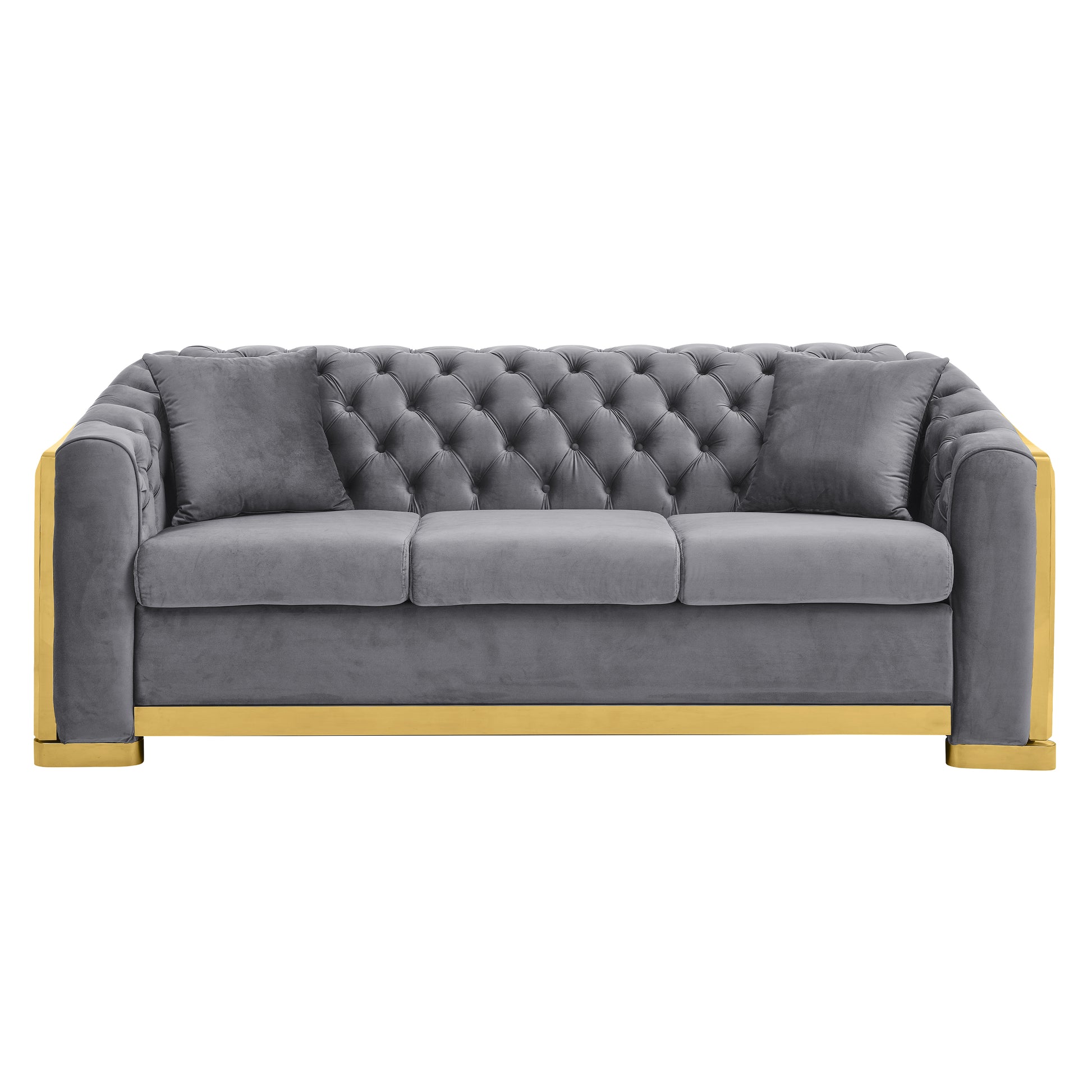 Velvet Luxury Chesterfield Sofa Set, 84 Inches Tufted 3 Seat Couch With Gold Stainless For Living Room, Grey Fabric Grey Velvet Wood Primary Living Space Medium Soft Tufted Back European Rolled Arms Foam Wood Stainless Steel 3 Seat