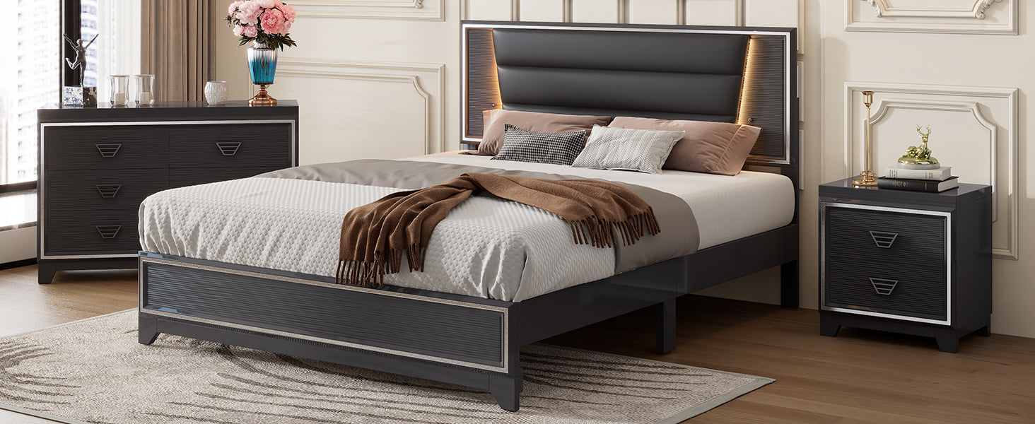 3 Pieces Bedroom Sets Queen Size Upholstered Bed With Led Lights, Nightstands And Dresser With Metal Handles And Sparkling Shiny Decoration, Black Expected Arrival Time:8.5 Queen Black 3 Piece Set Mdf Metal