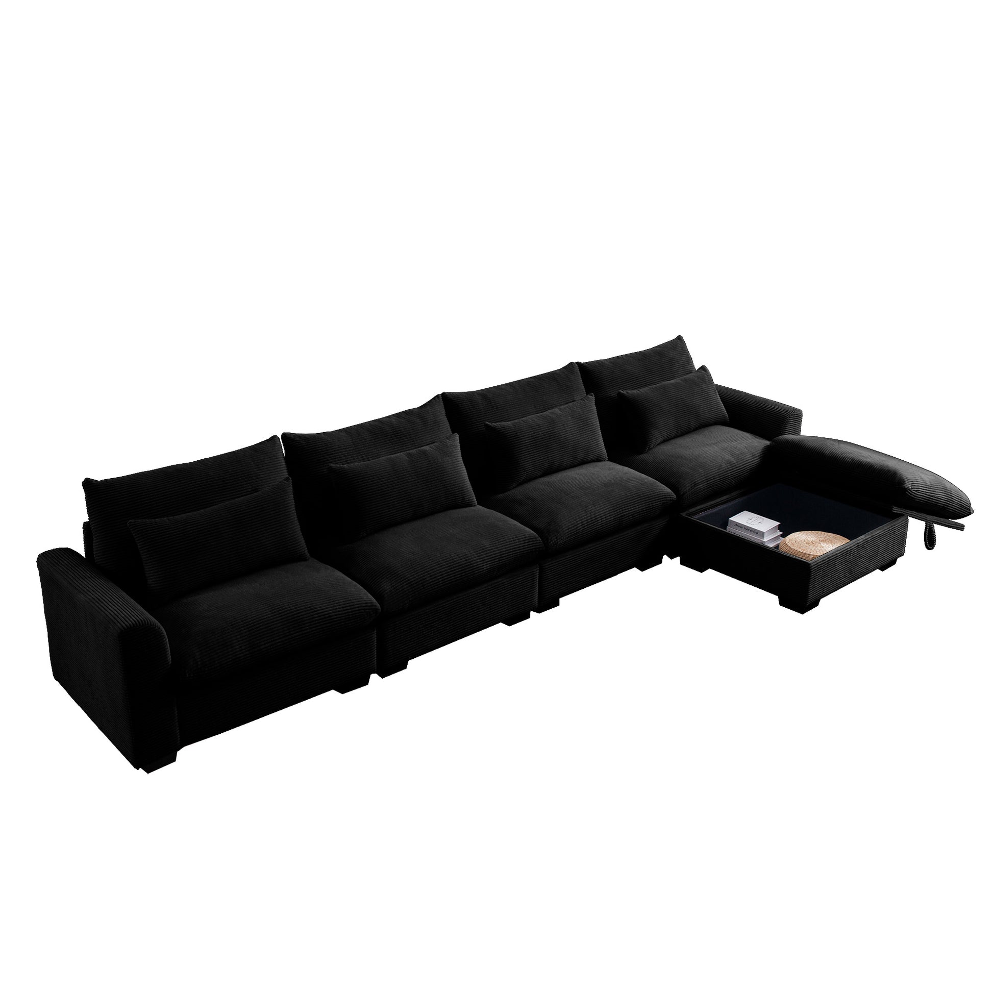 Large L Shape Sectional Corduroy Sofa,Deep Seat Couch With Storage Footstool And 4 Waist Pillows, Black Black Corduroy 4 Seat