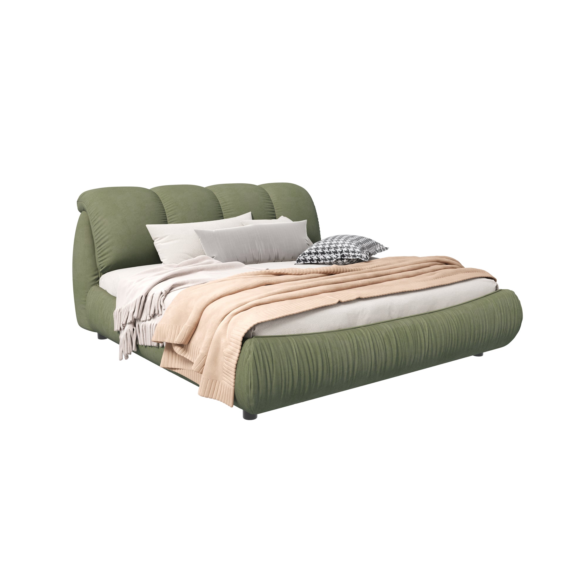 King Size Upholstered Platform Bed With Oversized Padded Backrest, Thickening Pinewooden Slats And Solid Wood Leg,Green Box Spring Not Required King Green Wood Polyester Solid Wood