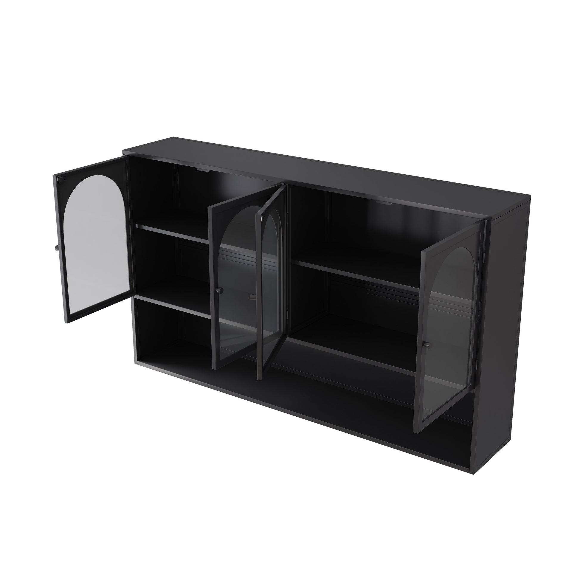 47.25" Four Door Glass Wall Cabinet Storage, Wall Mounted,Suitable For Kitchen, Living Room, Bathroom Black Black Glass Metal