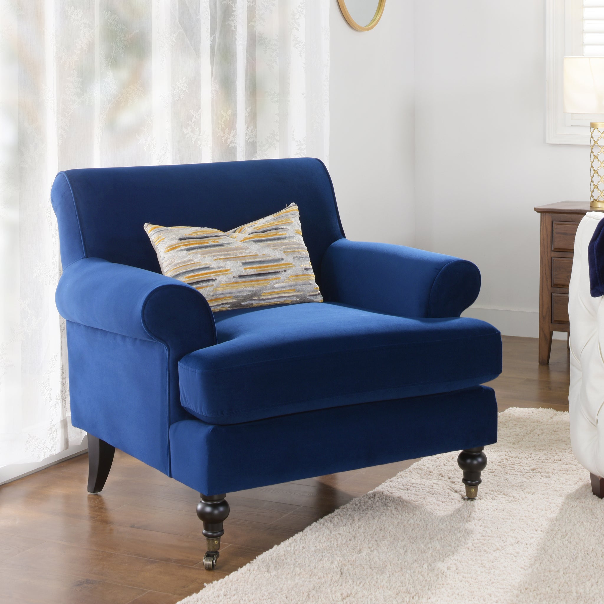 Alana 38" Lawson Accent Arm Chair Metal Casters, Navy Blue Velvet Navy Blue Foam Velvet