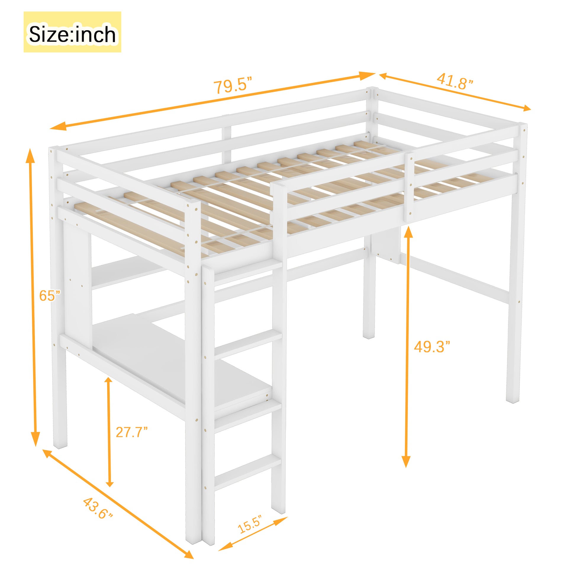 Twin Loft Bed With Built In Desk And Bookcase Of Three Compartments, Guardrails And Ladder,White Twin White Pine