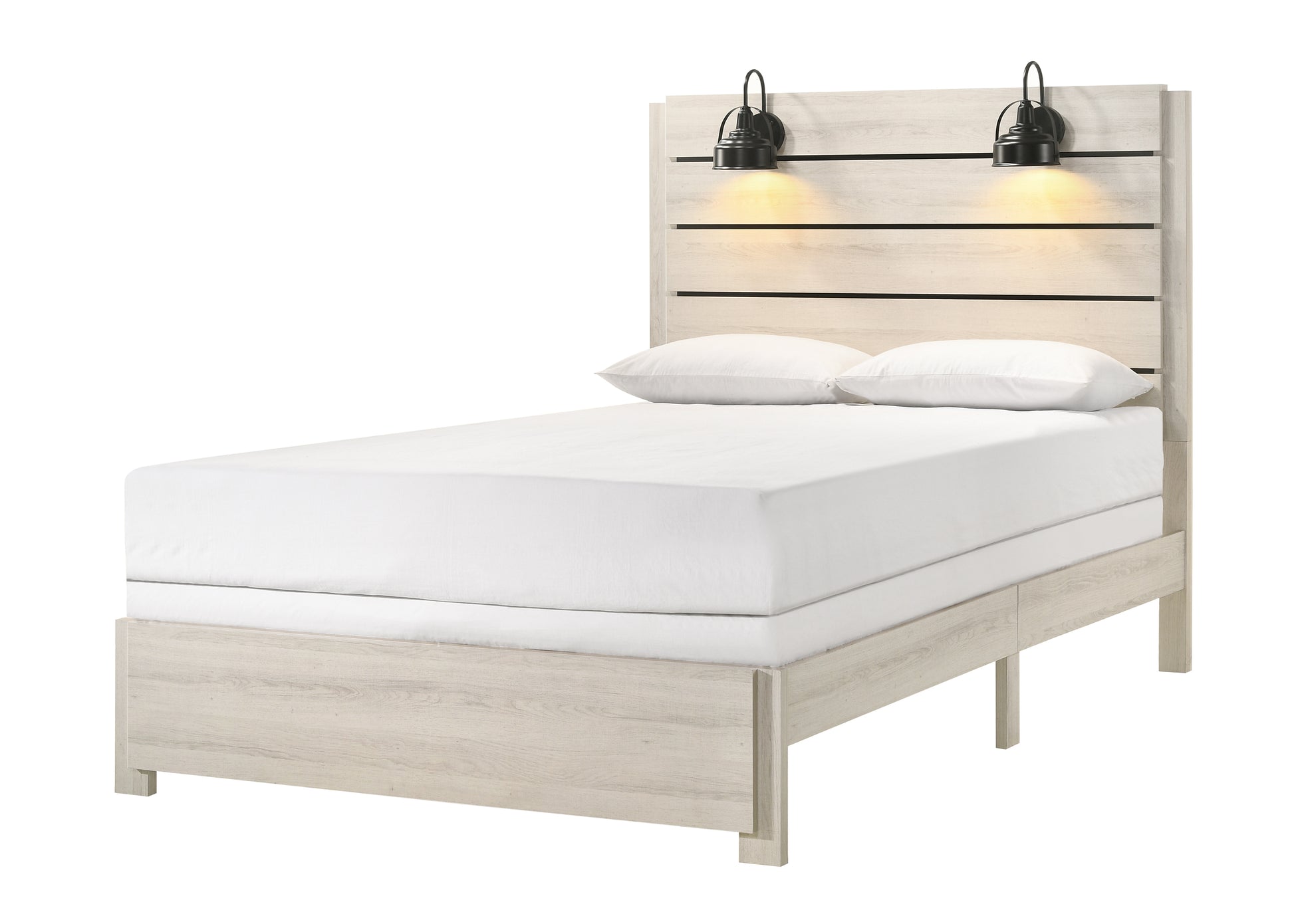 1Pc Rustic Style Butcher Block Finish Weathered Cream White Finish Queen Size Bed W Lamp Wooden Bedroom Furniture Box Spring Not Required Queen Antique White Wood Bedroom Contemporary,Transitional Wood