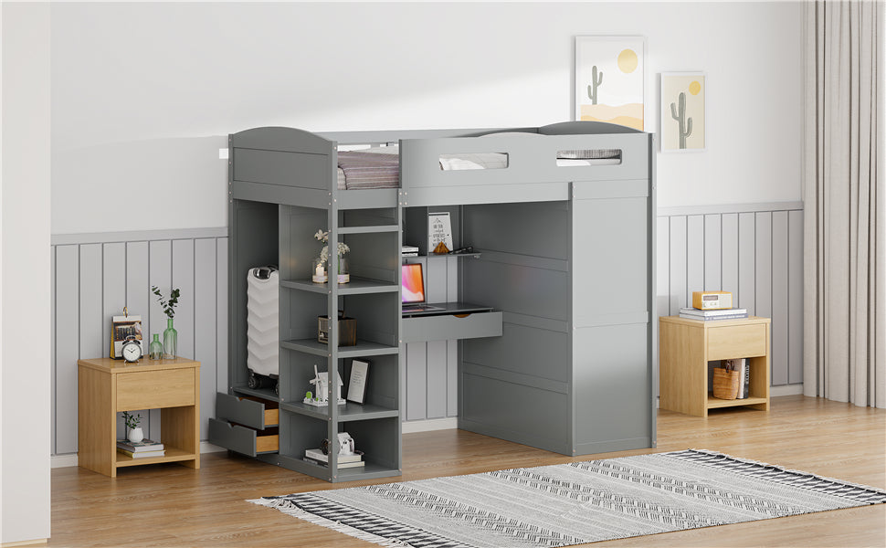 Twin Size Loft Bed With Desk, Wardrobes, 4 Drawers And 4 Shelves Gray Twin Gray Solid Wood