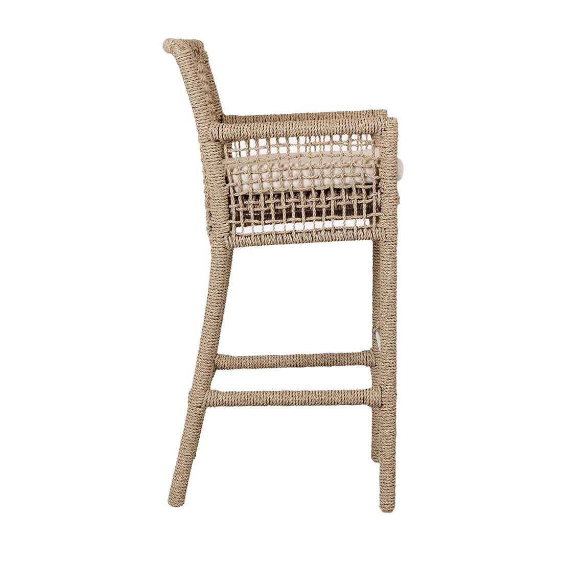 Zev 31 Inch Outdoor Bar Stool Chair, Rope Woven, Ivory Olefin Fabric Seat Brown Aluminum