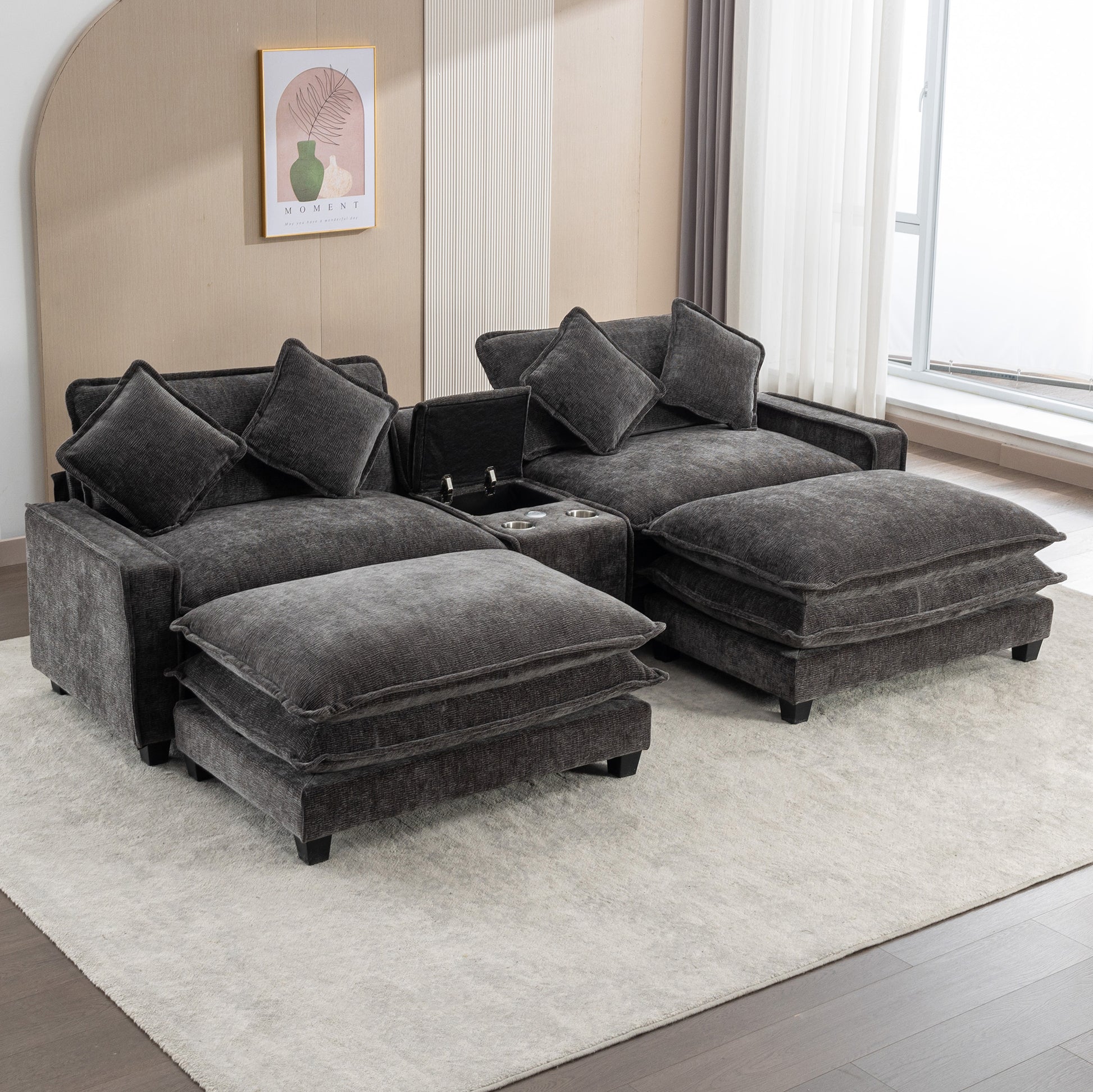 112.6" Sectional Sofa Chenille Upholstered Sofa With Two Removable Ottoman, Two Usb Ports, Two Cup Holders And Large Storage Box For Living Room, Black Black Foam Chenille 2 Seat